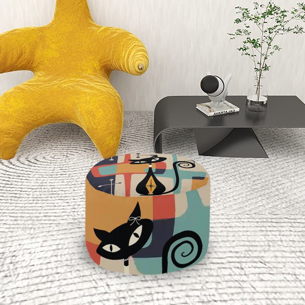 Kate McEnroe New York Atomic Cat Mid Century Modern Geometric Ottoman, Retro Teal, Mustard Yellow, Orange PoufOttomansZcAmmjqF5k