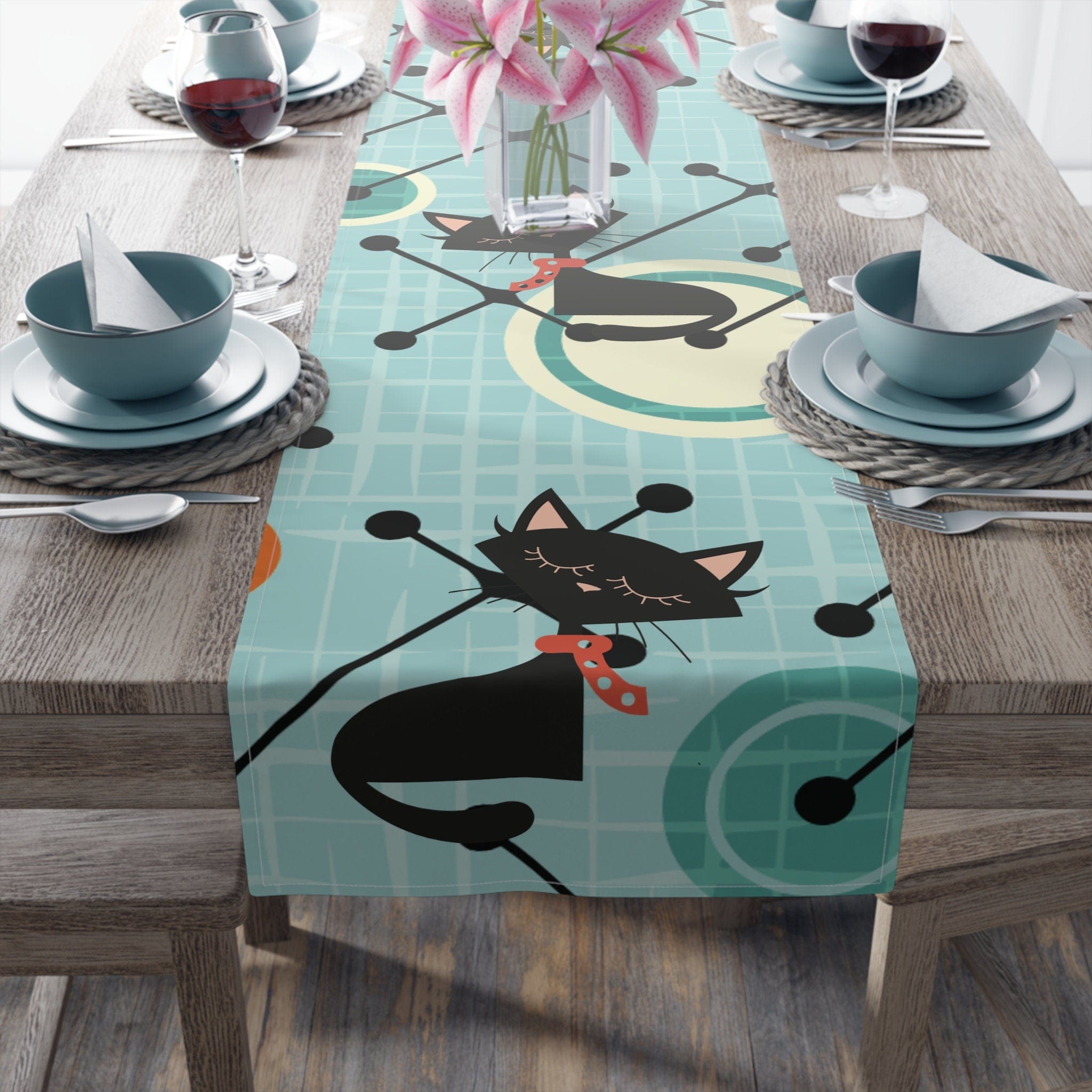 Kate McEnroe New York Atomic Cat Mid Century Modern Geometric Table Runner, 1950s Retro Kitschy Table Linens, Atomic Age DecorTable Runners14827868269101073424