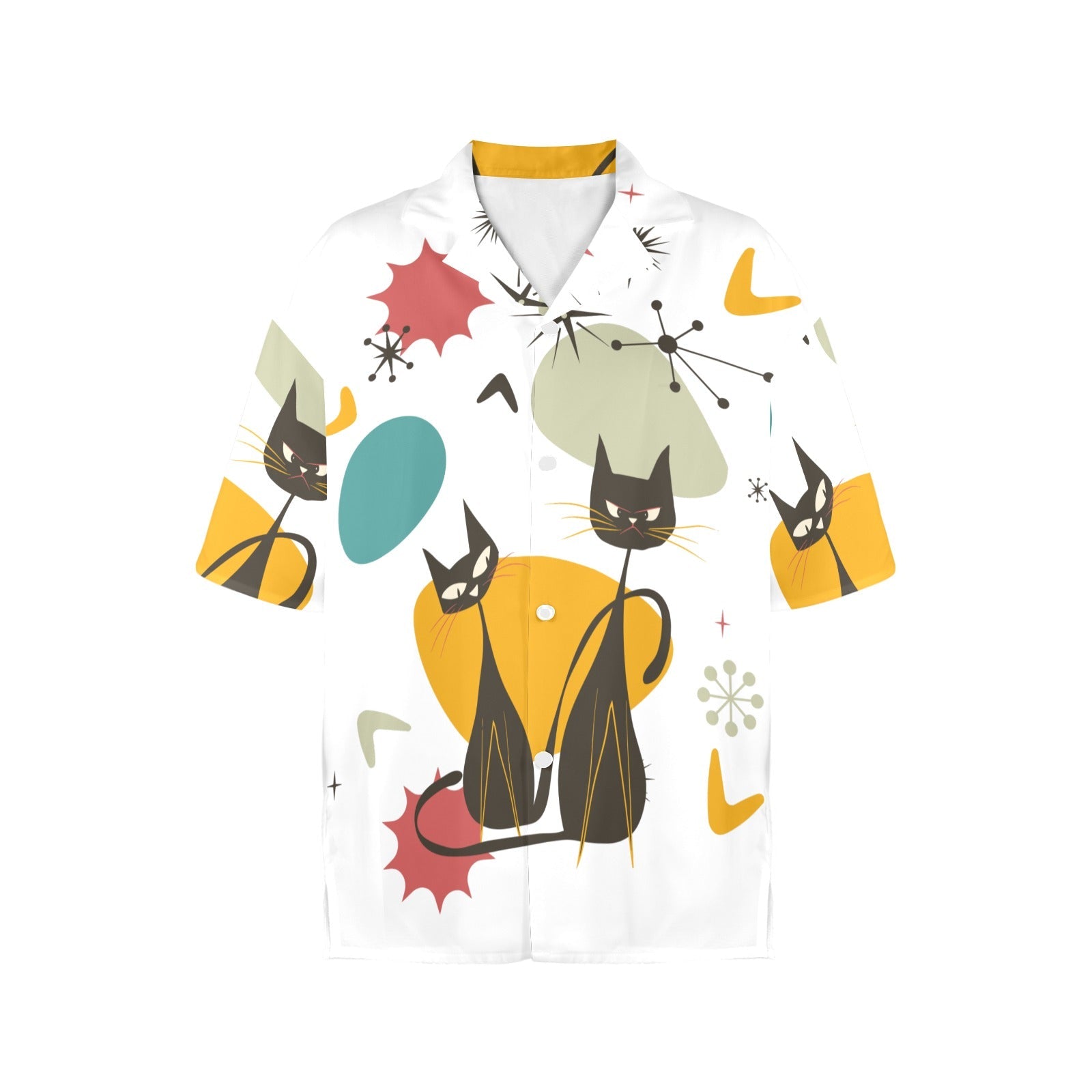 Kate McEnroe New York Atomic Cat Mid Century Modern Hawaiian Shirt, Retro 50s Space Age Button - Up, MCM Kitsch Vacation ShirtWomen&