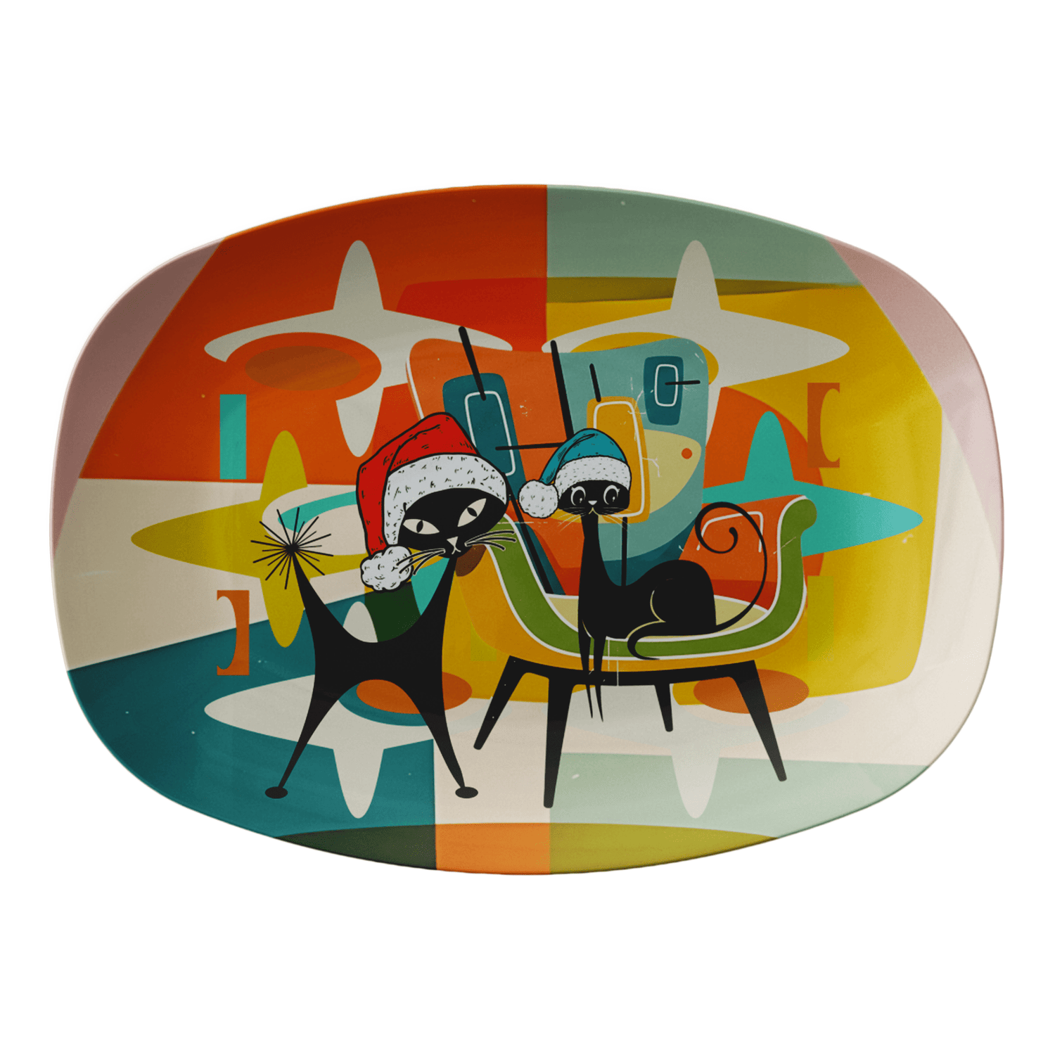 Kate McEnroe New York Atomic Cat Mid Century Modern Kitsch Christmas Holiday Serving PlatterServing PlattersPLAT-CAT-XMS