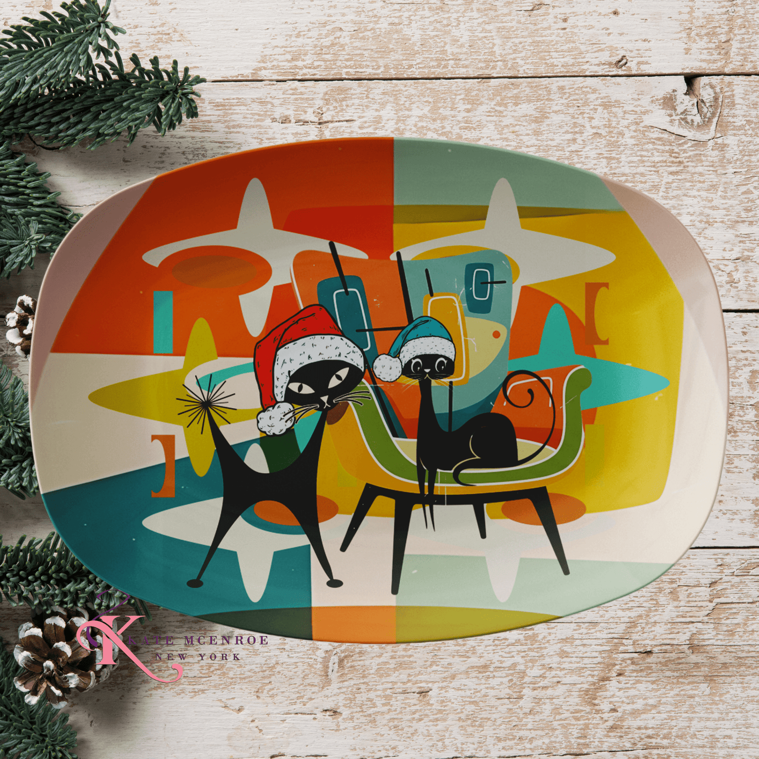 Kate McEnroe New York Atomic Cat Mid Century Modern Kitsch Christmas Holiday Serving PlatterServing PlattersPLAT-CAT-XMS