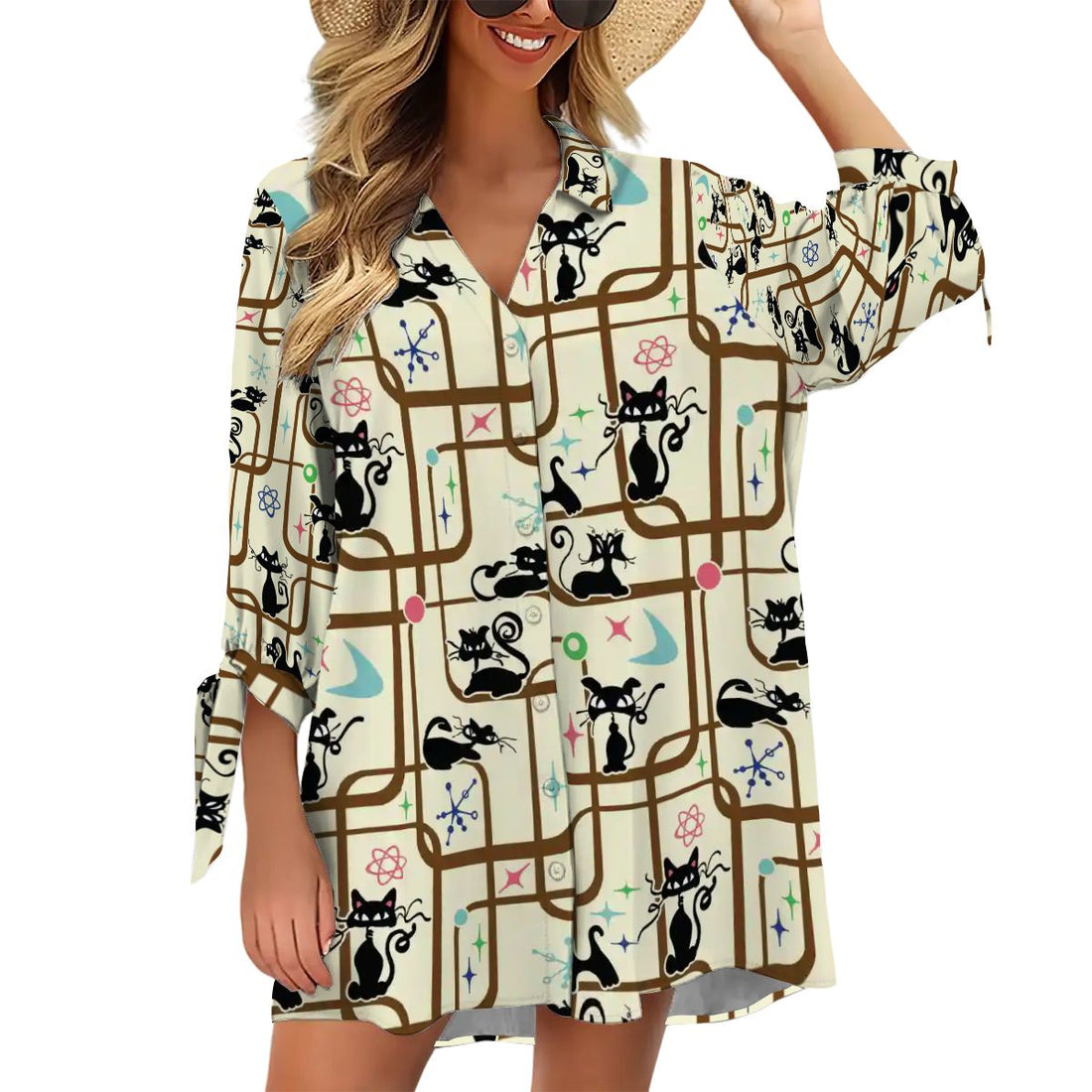 Kate McEnroe New York Atomic Cat Mid Century Modern Lounge Shirt Retro Beach Cover UpSwimsuits Cover UpsYXedCVhdCf
