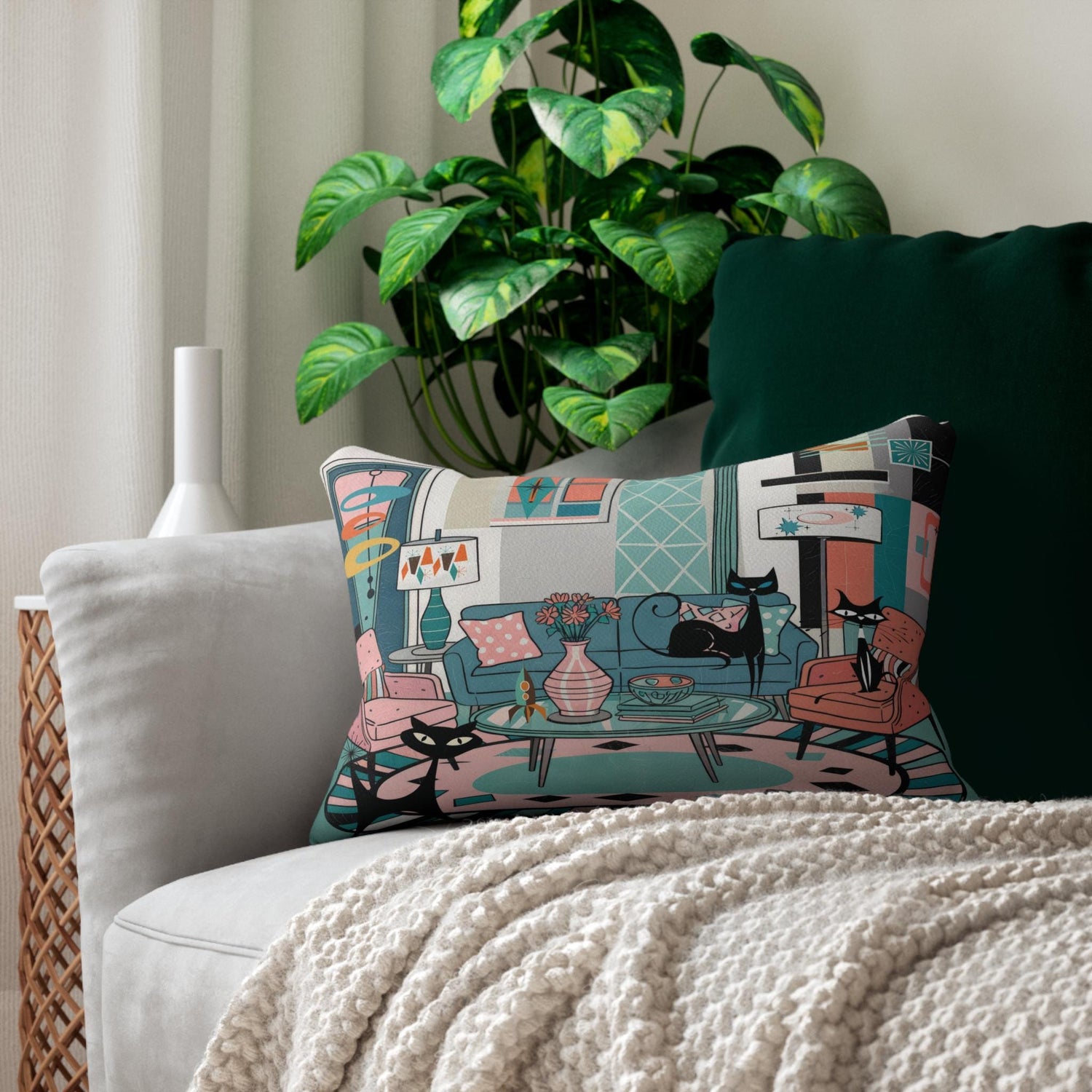Kate McEnroe New York Atomic Cat Mid Century Modern Lumbar Pillow Retro 50s Lounge MCM Home AccentLumbar Pillows12169266006663350951