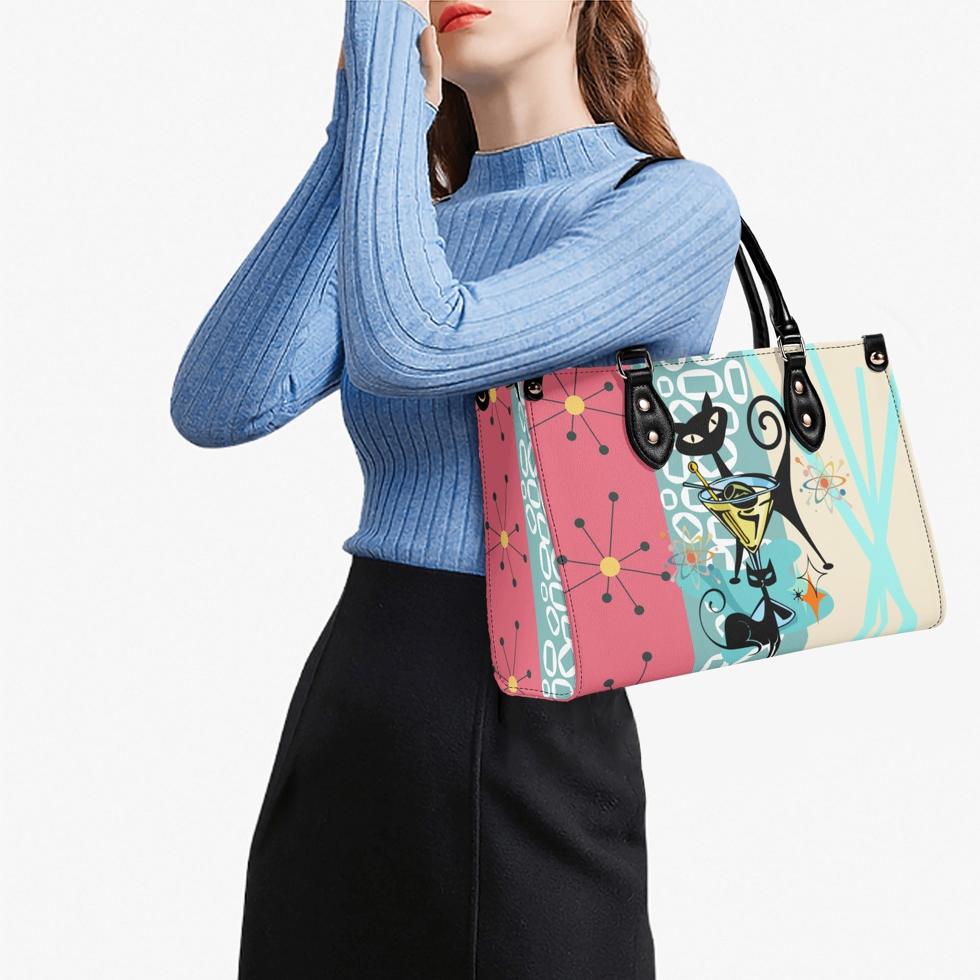 Kate McEnroe New York Atomic Cat Mid Century Modern Martini Satchel, Retro Pink Aqua Mod Starburst Shoulder BagHandbagsY57X9ELW - 1
