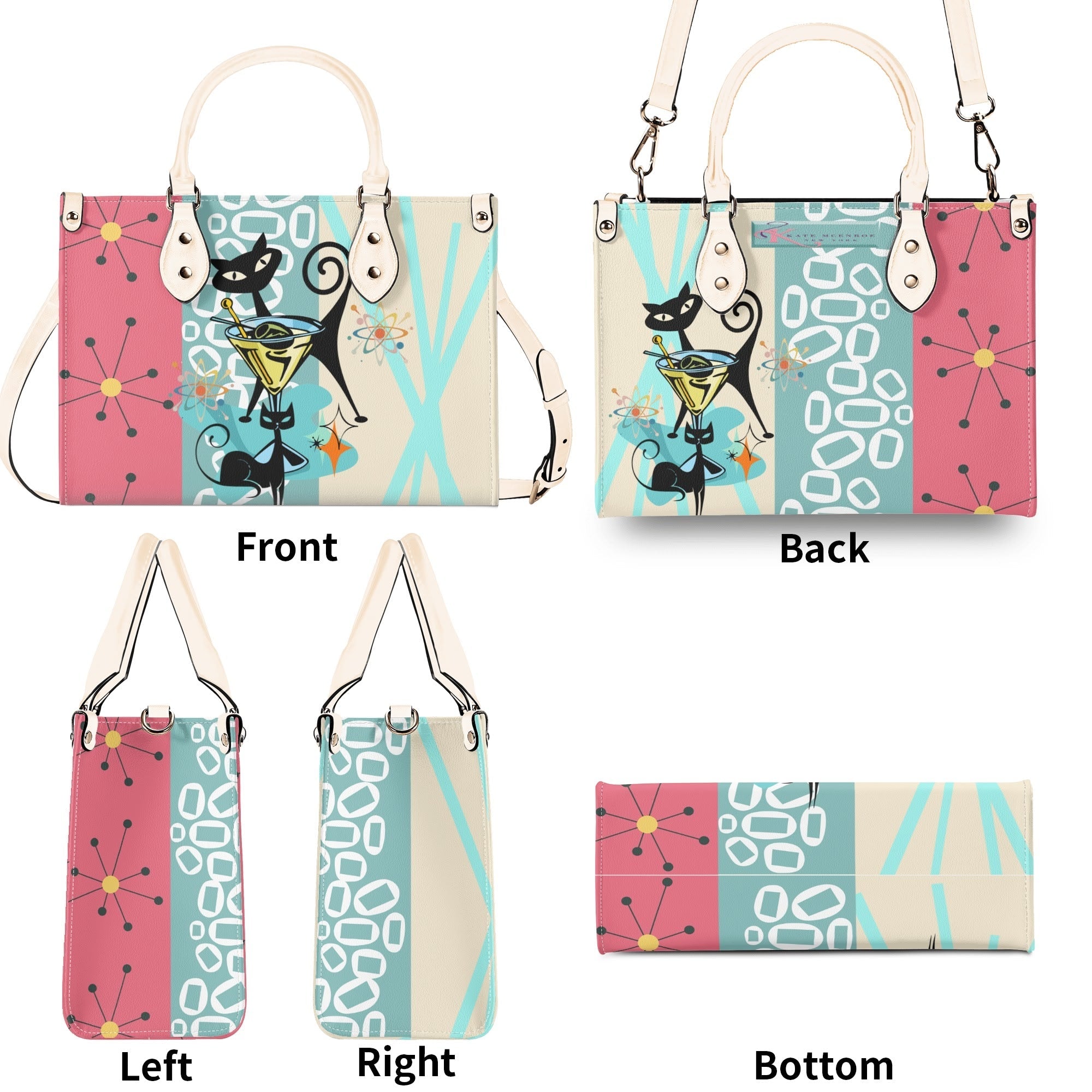 Kate McEnroe New York Atomic Cat Mid Century Modern Martini Satchel, Retro Pink Aqua Mod Starburst Shoulder BagHandbagsY57X9ELW - 1