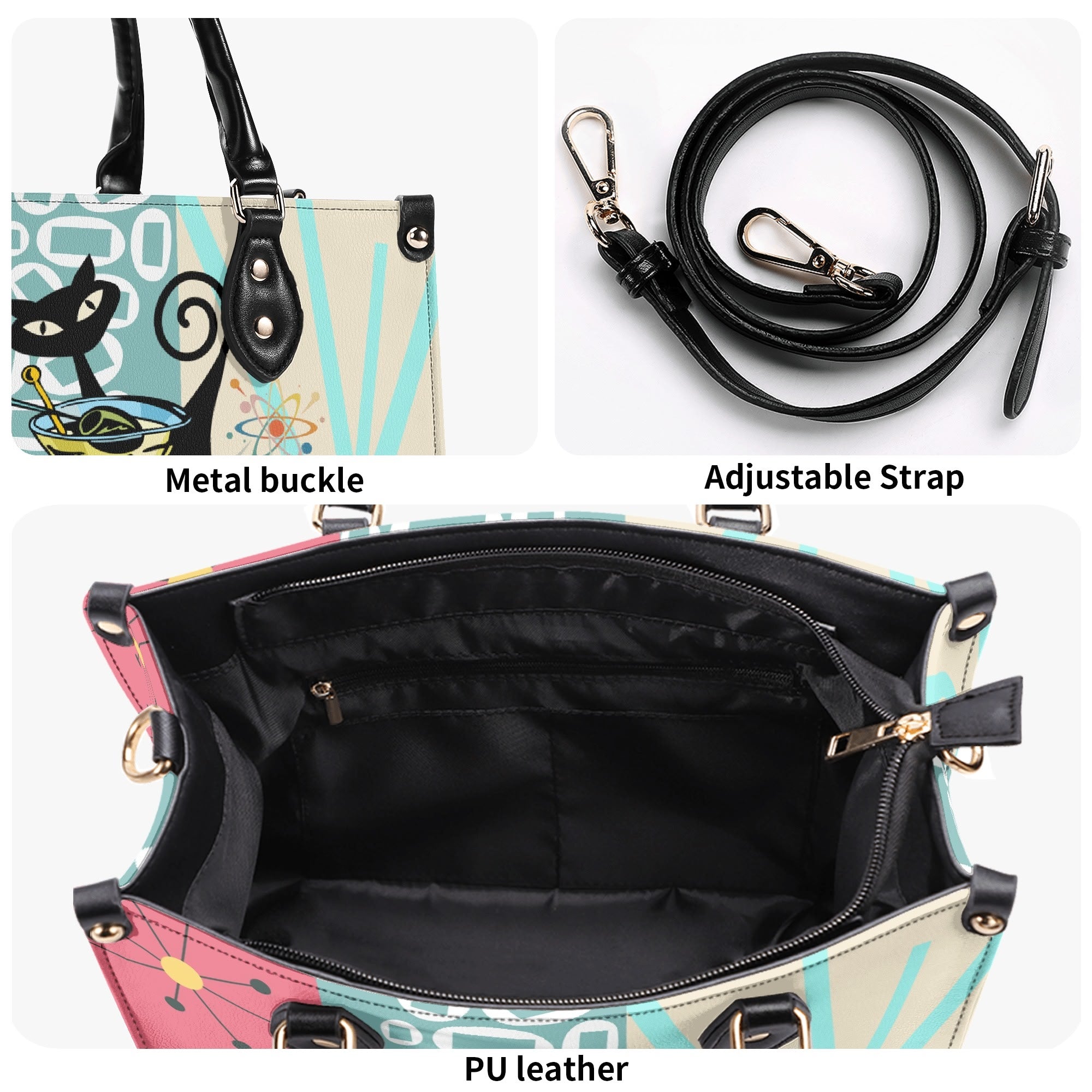 Kate McEnroe New York Atomic Cat Mid Century Modern Martini Satchel, Retro Pink Aqua Mod Starburst Shoulder BagHandbagsY57X9ELW - 1