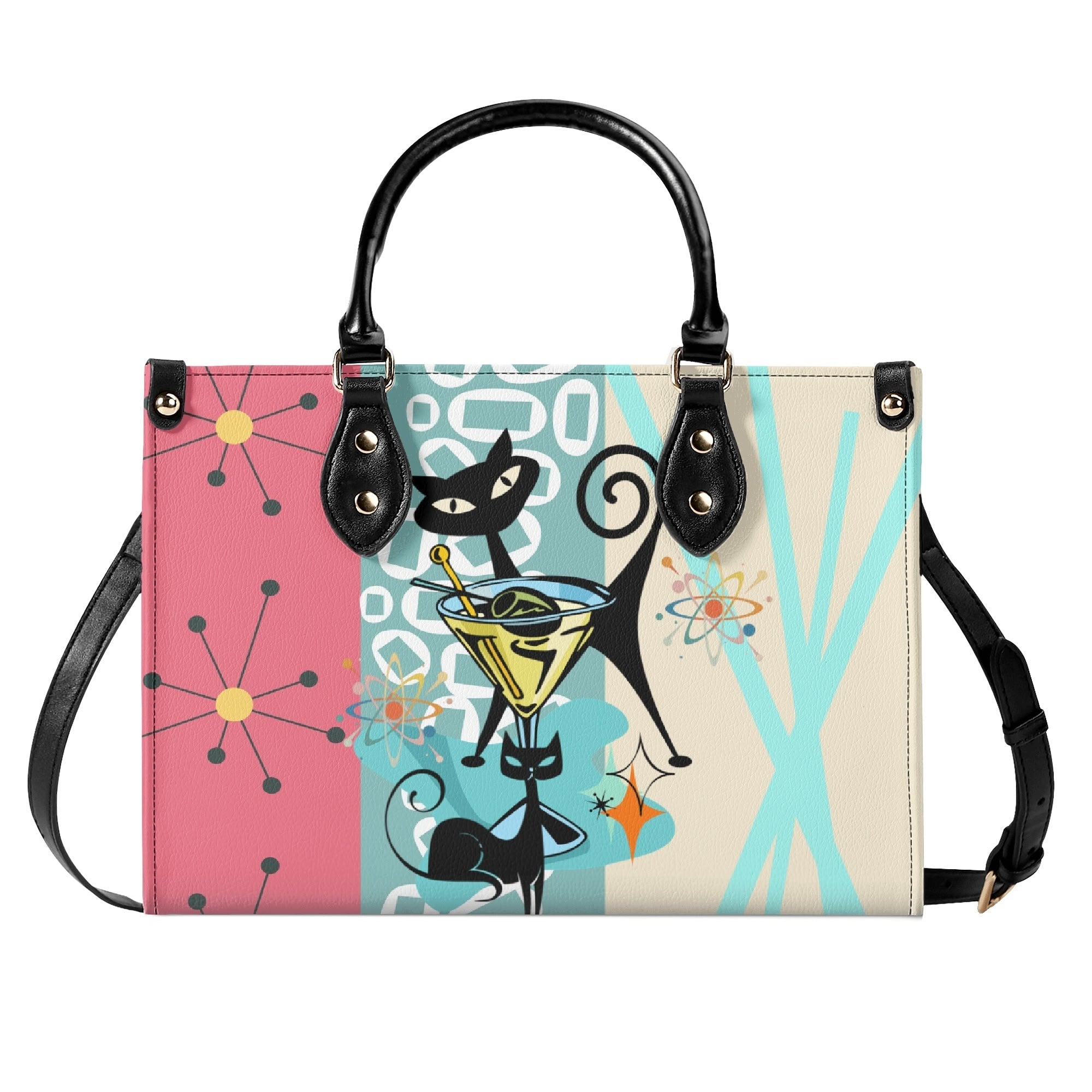 Kate McEnroe New York Atomic Cat Mid Century Modern Martini Satchel, Retro Pink Aqua Mod Starburst Shoulder BagHandbagsY57X9ELW - 1