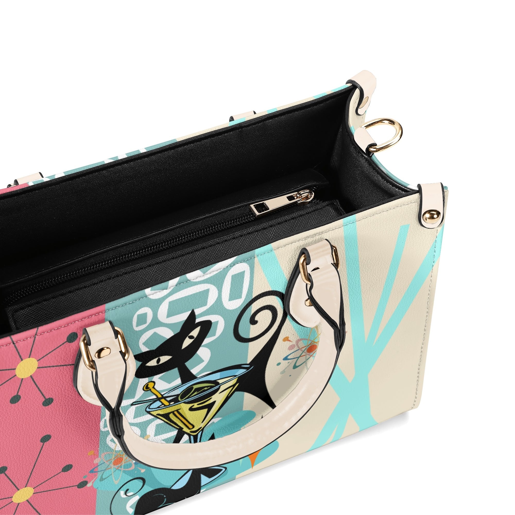 Kate McEnroe New York Atomic Cat Mid Century Modern Martini Satchel, Retro Pink Aqua Mod Starburst Shoulder BagHandbagsY57X9ELW - 1