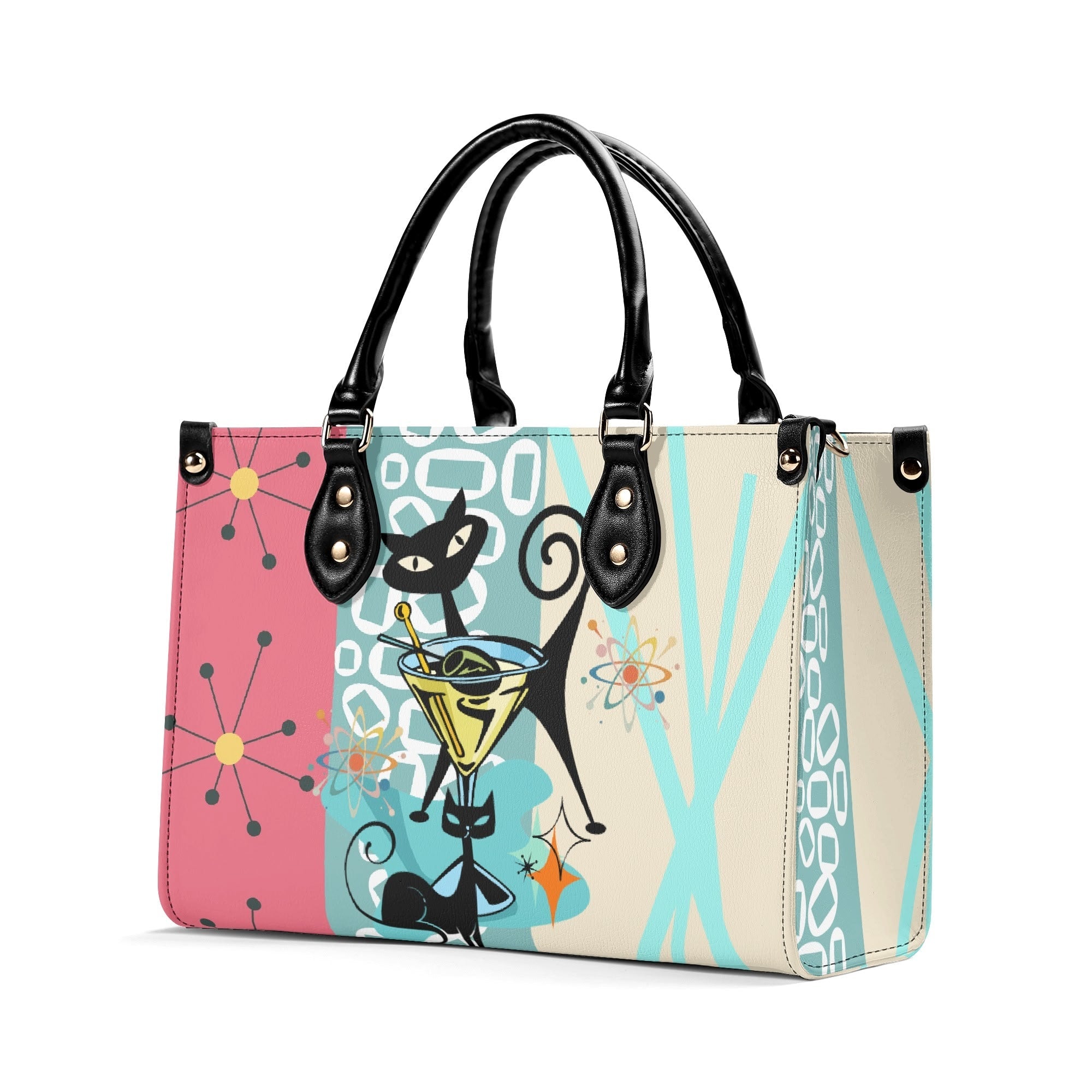 Kate McEnroe New York Atomic Cat Mid Century Modern Martini Satchel, Retro Pink Aqua Mod Starburst Shoulder BagHandbagsY57X9ELW - 1