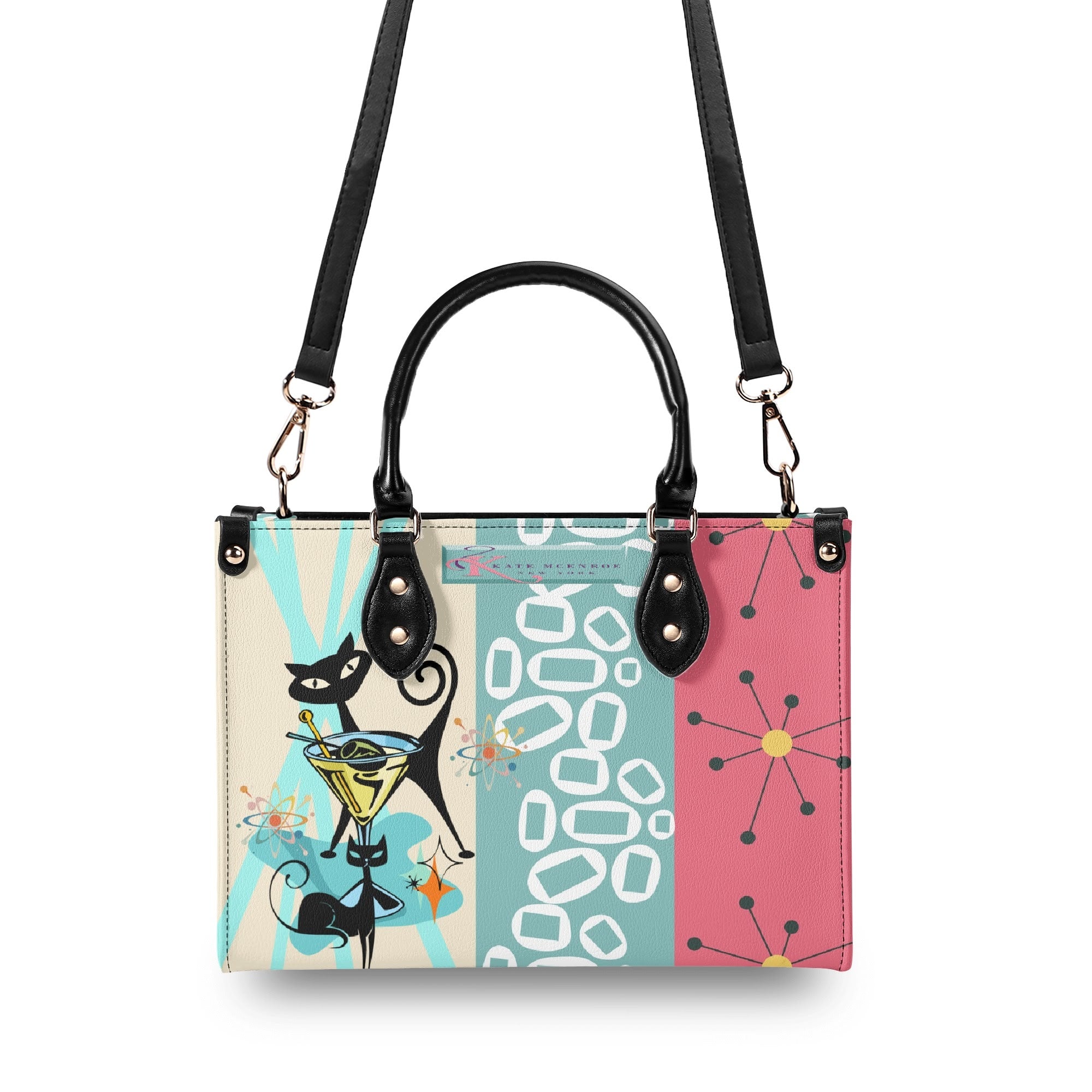 Kate McEnroe New York Atomic Cat Mid Century Modern Martini Satchel, Retro Pink Aqua Mod Starburst Shoulder BagHandbagsY57X9ELW - 1