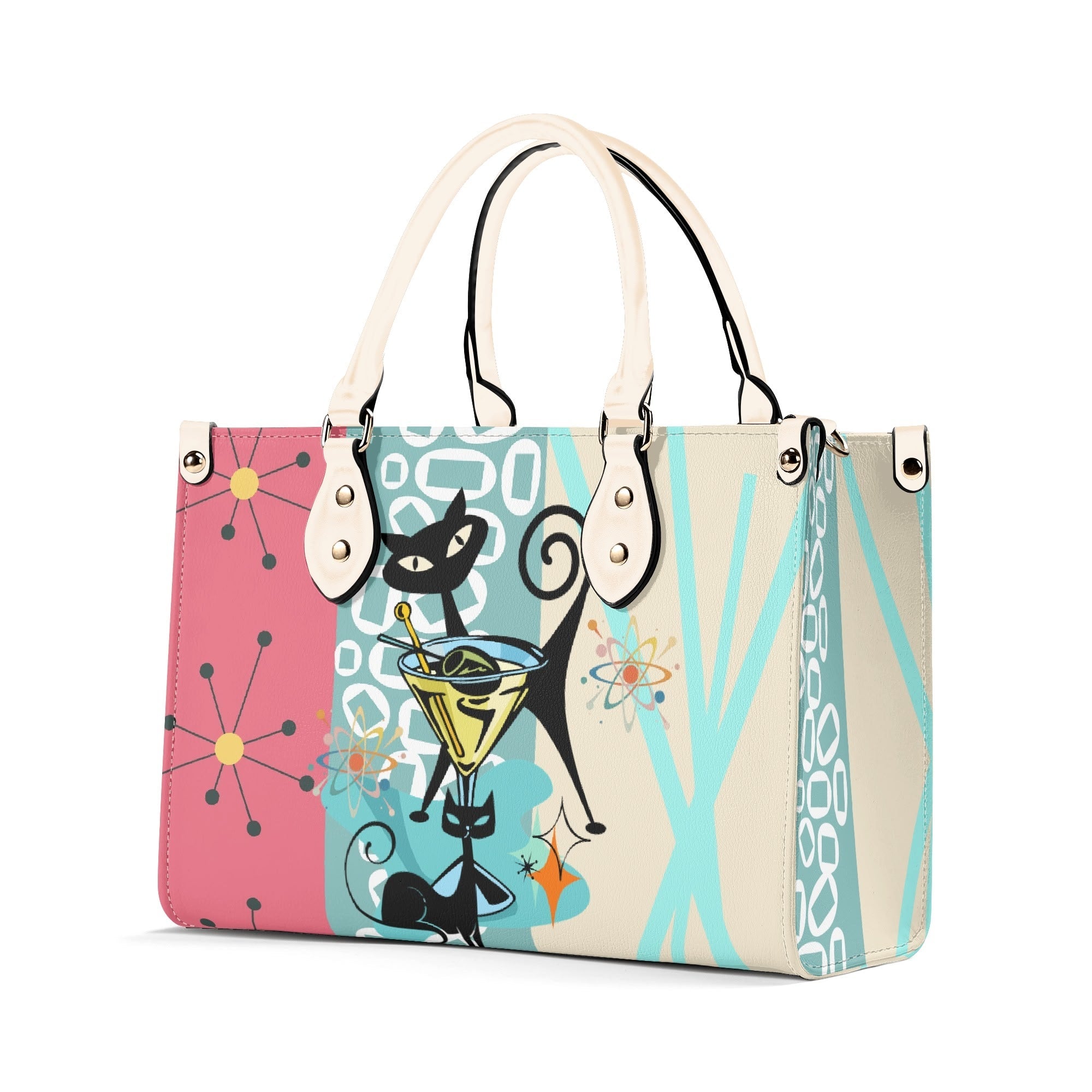 Kate McEnroe New York Atomic Cat Mid Century Modern Martini Satchel, Retro Pink Aqua Mod Starburst Shoulder BagHandbagsY57X9ELW - 1