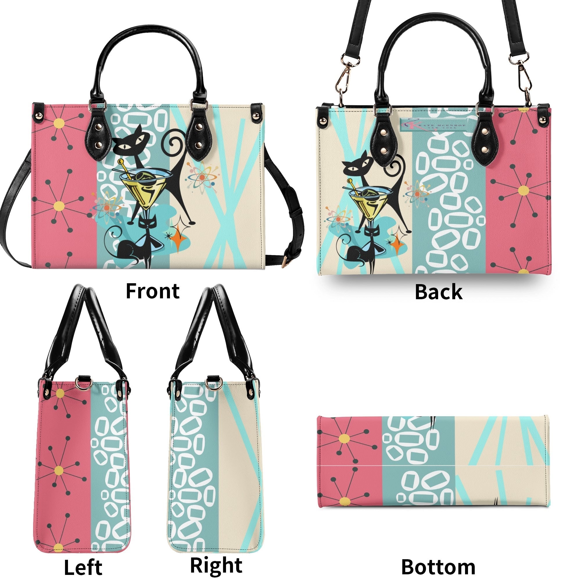 Kate McEnroe New York Atomic Cat Mid Century Modern Martini Satchel, Retro Pink Aqua Mod Starburst Shoulder BagHandbagsY57X9ELW - 1