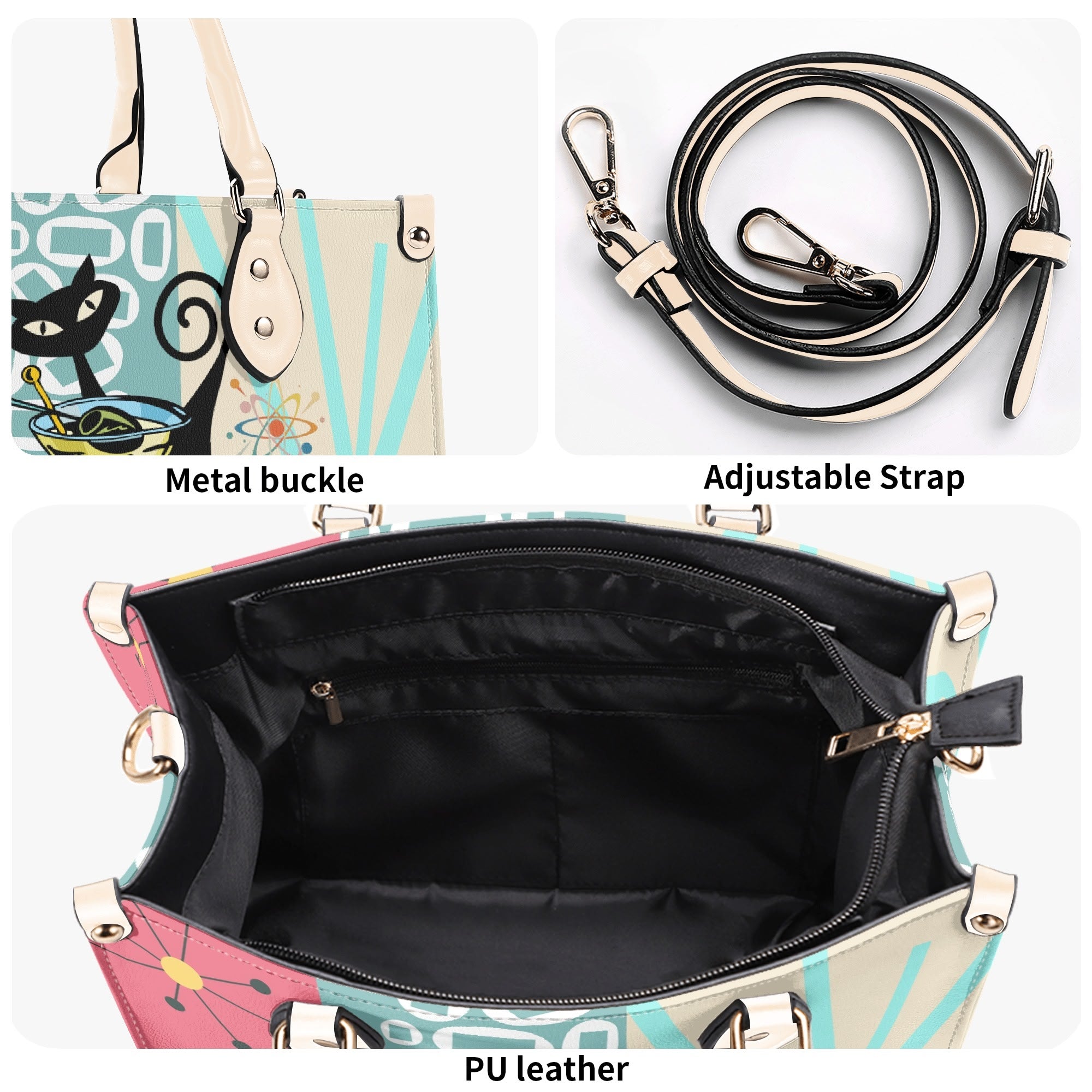 Kate McEnroe New York Atomic Cat Mid Century Modern Martini Satchel, Retro Pink Aqua Mod Starburst Shoulder BagHandbagsY57X9ELW - 1