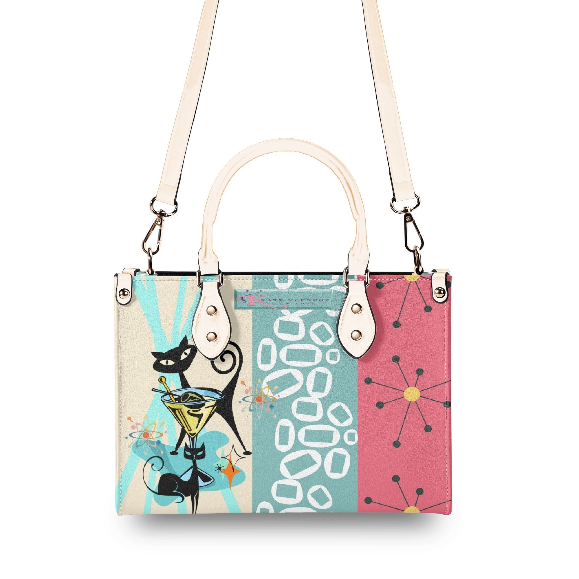 Kate McEnroe New York Atomic Cat Mid Century Modern Martini Satchel, Retro Pink Aqua Mod Starburst Shoulder BagHandbagsY57X9ELW - 1