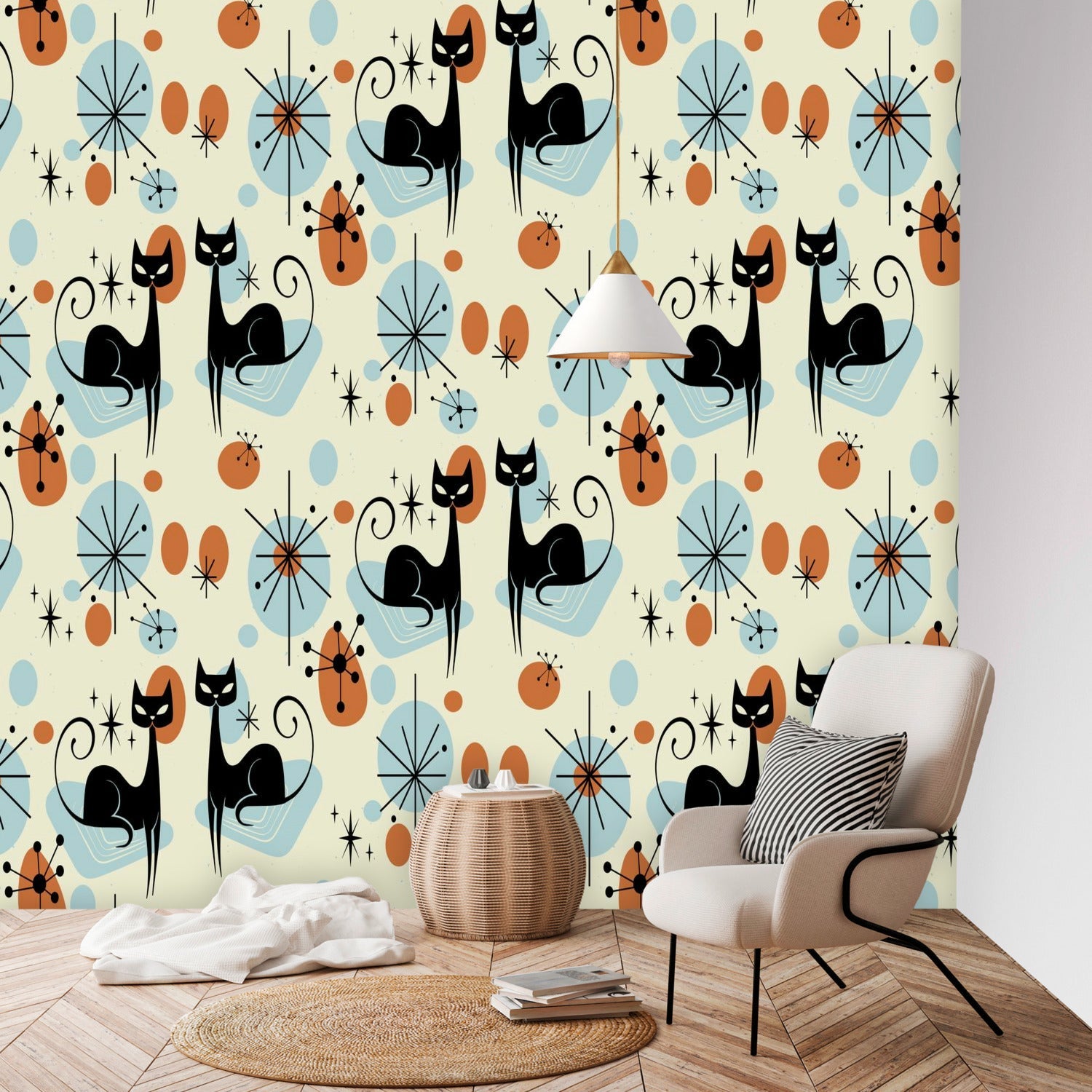 Kate McEnroe New York Atomic Cat Mid Century Modern Peel and Stick Wall Mural, Retro Starburst Sexton Cat Wallpaper, MCM Removable Wall ArtWall Mural127684