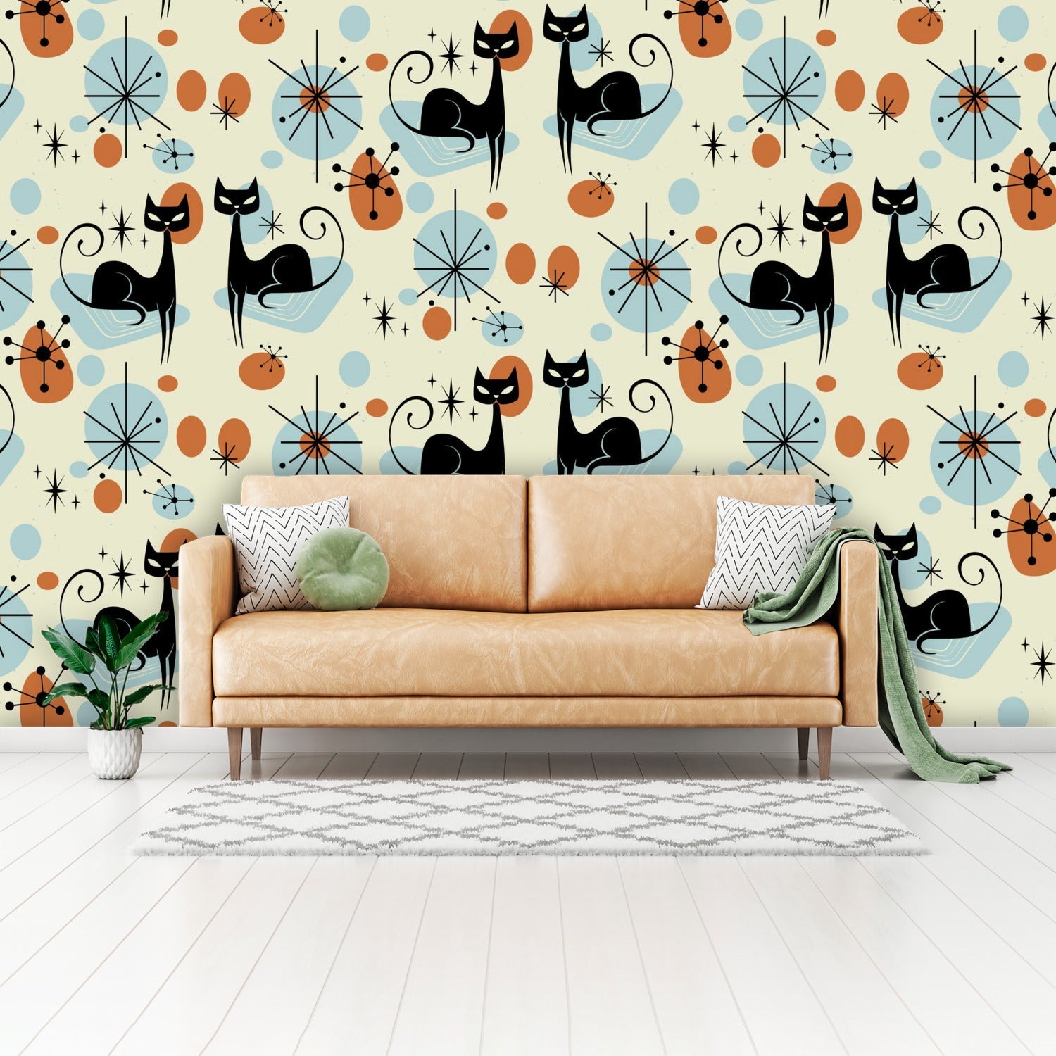 Kate McEnroe New York Atomic Cat Mid Century Modern Peel and Stick Wall Mural, Retro Starburst Sexton Cat Wallpaper, MCM Removable Wall ArtWall Mural127687