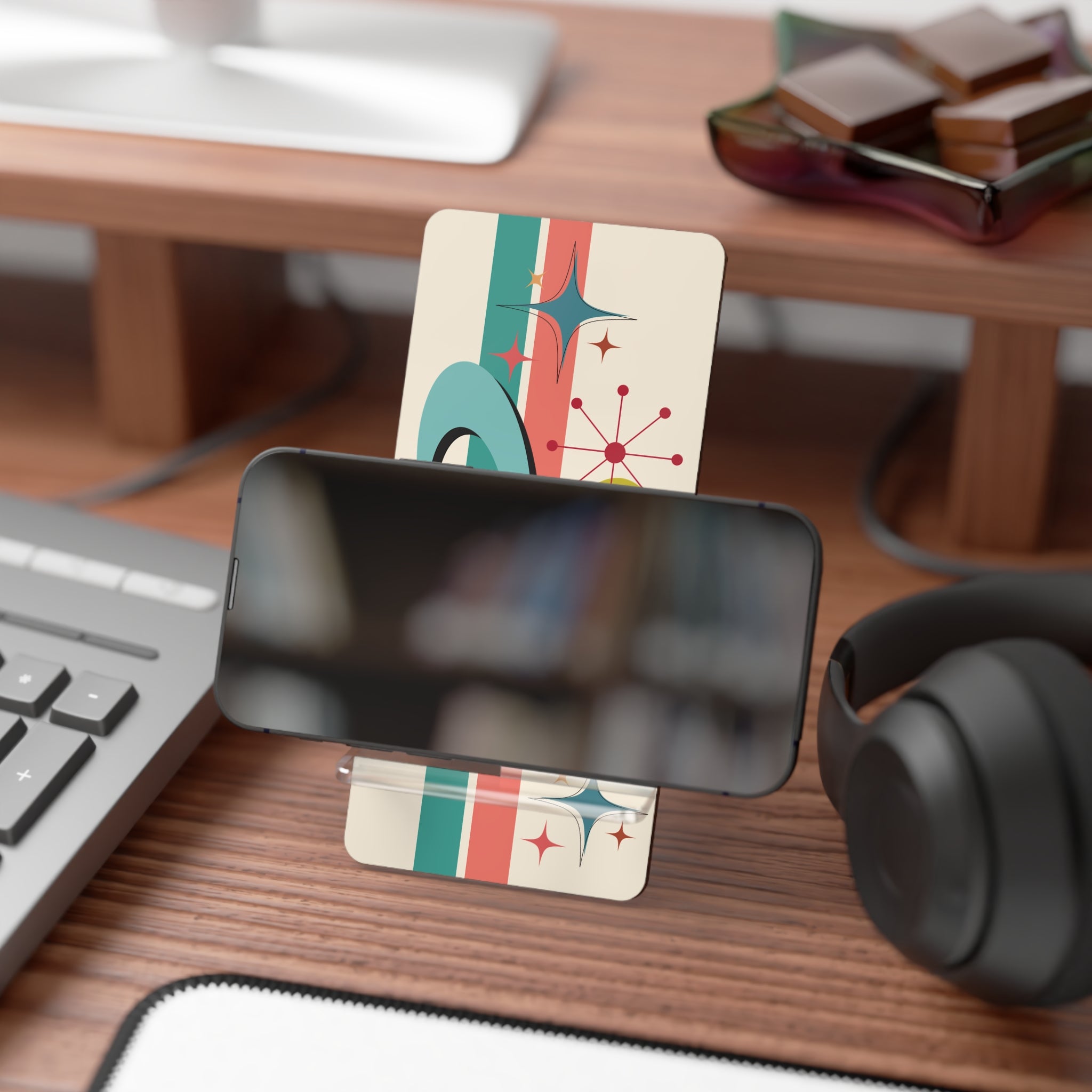 Kate McEnroe New York Atomic Cat Mid Century Modern Phone Stand, Retro Boomerang Starburst Smartphone Holder, 50s MCM Desk AccessoryMobile Phone Stands10707520182333857884