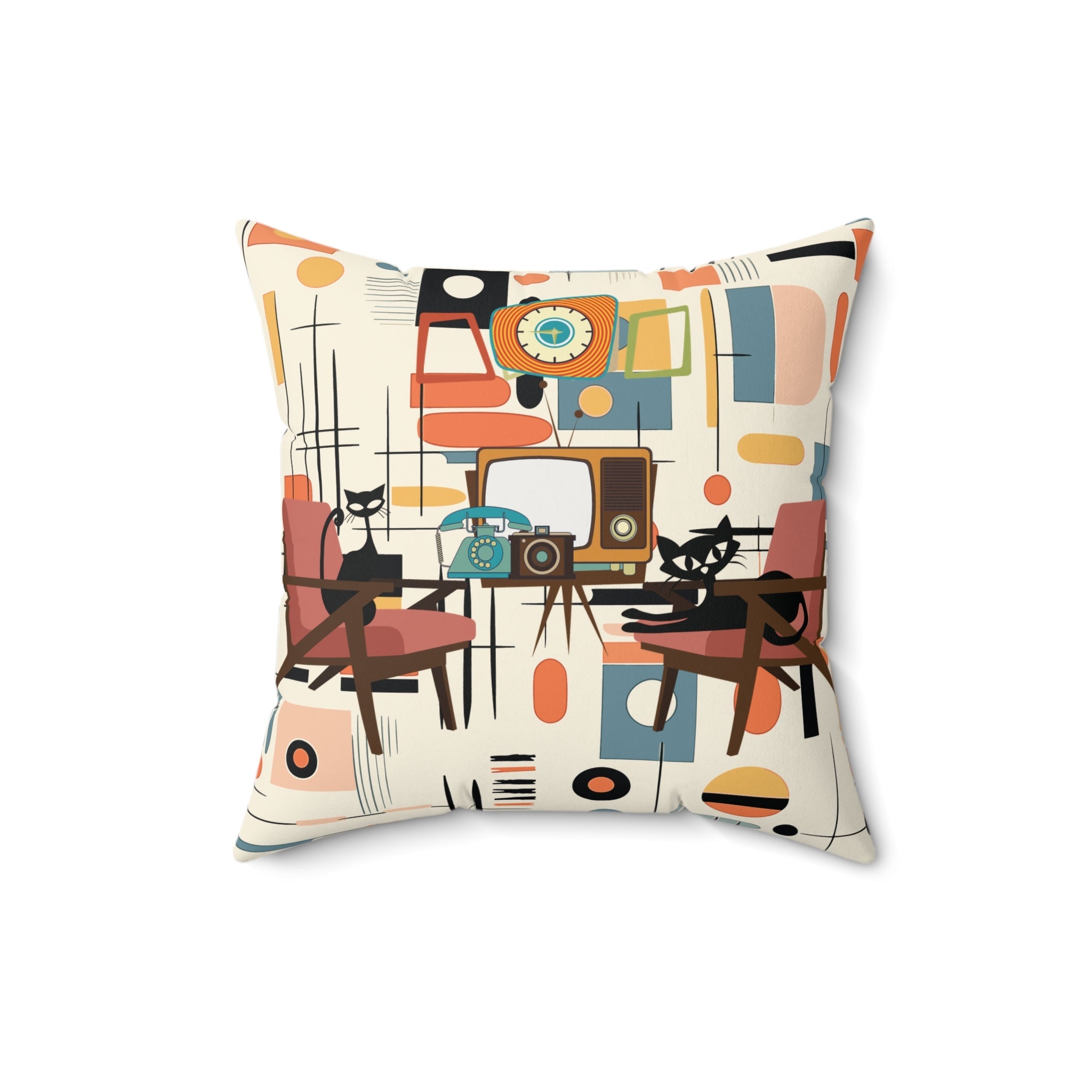 Kate McEnroe New York Atomic Cat Mid Century Modern Pillow, Retro TV Cream Geometric Abstract AccentThrow Pillows22429111249662134639