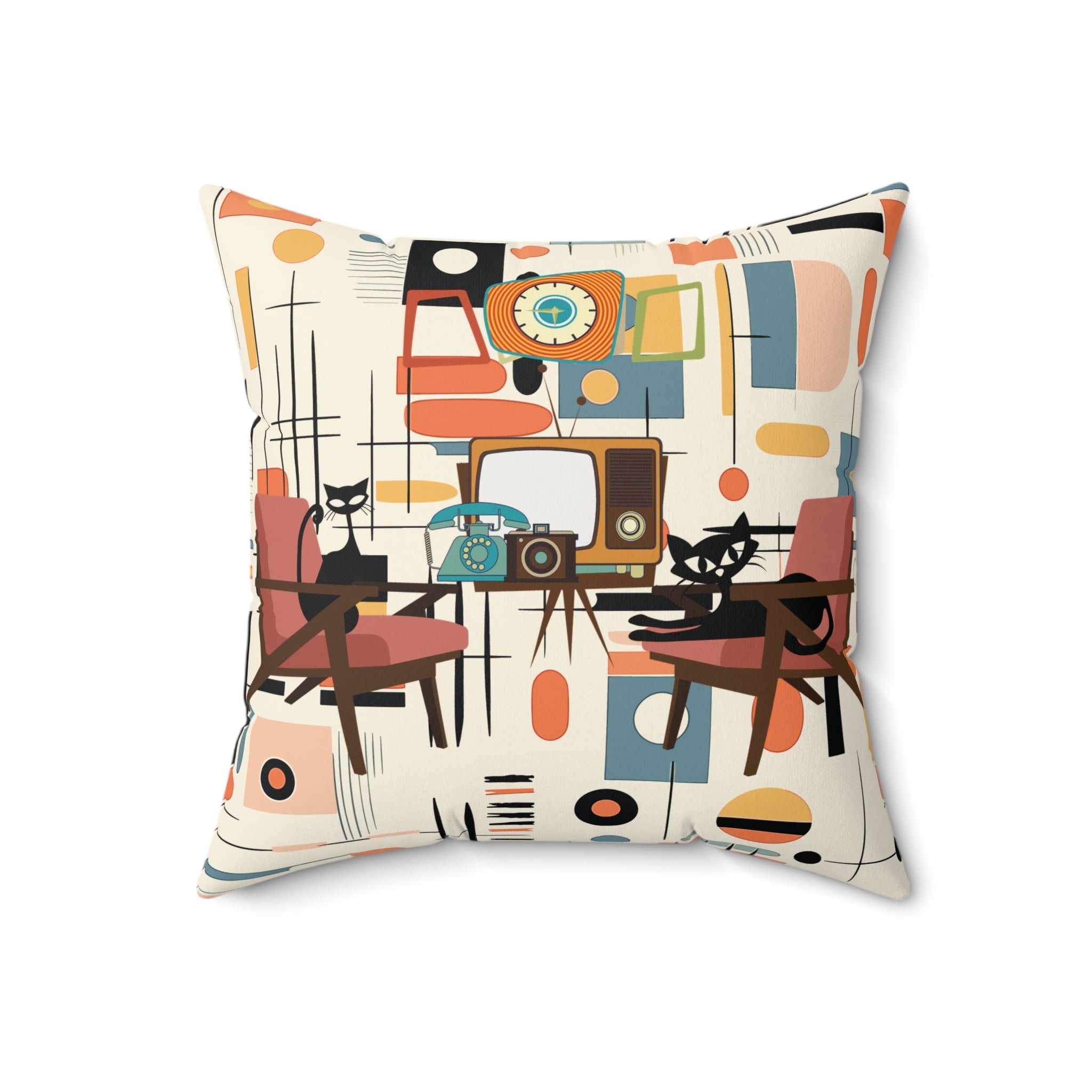 Kate McEnroe New York Atomic Cat Mid Century Modern Pillow, Retro TV Cream Geometric Abstract AccentThrow Pillows22429111249662134639
