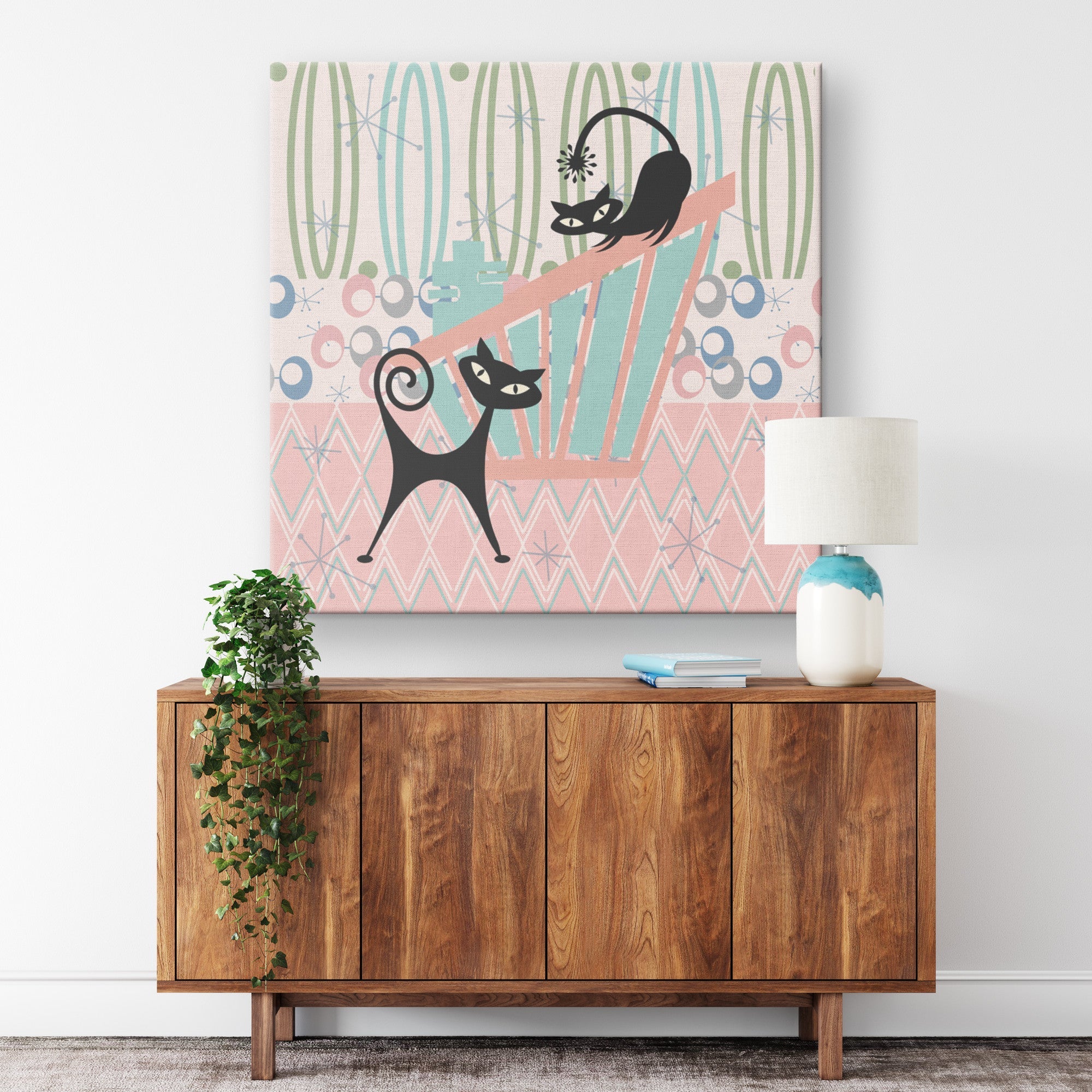 Kate McEnroe New York Atomic Cat Mid Century Modern Pink Teal Geometric Abstract Canvas ArtCanvas Wall Art139002