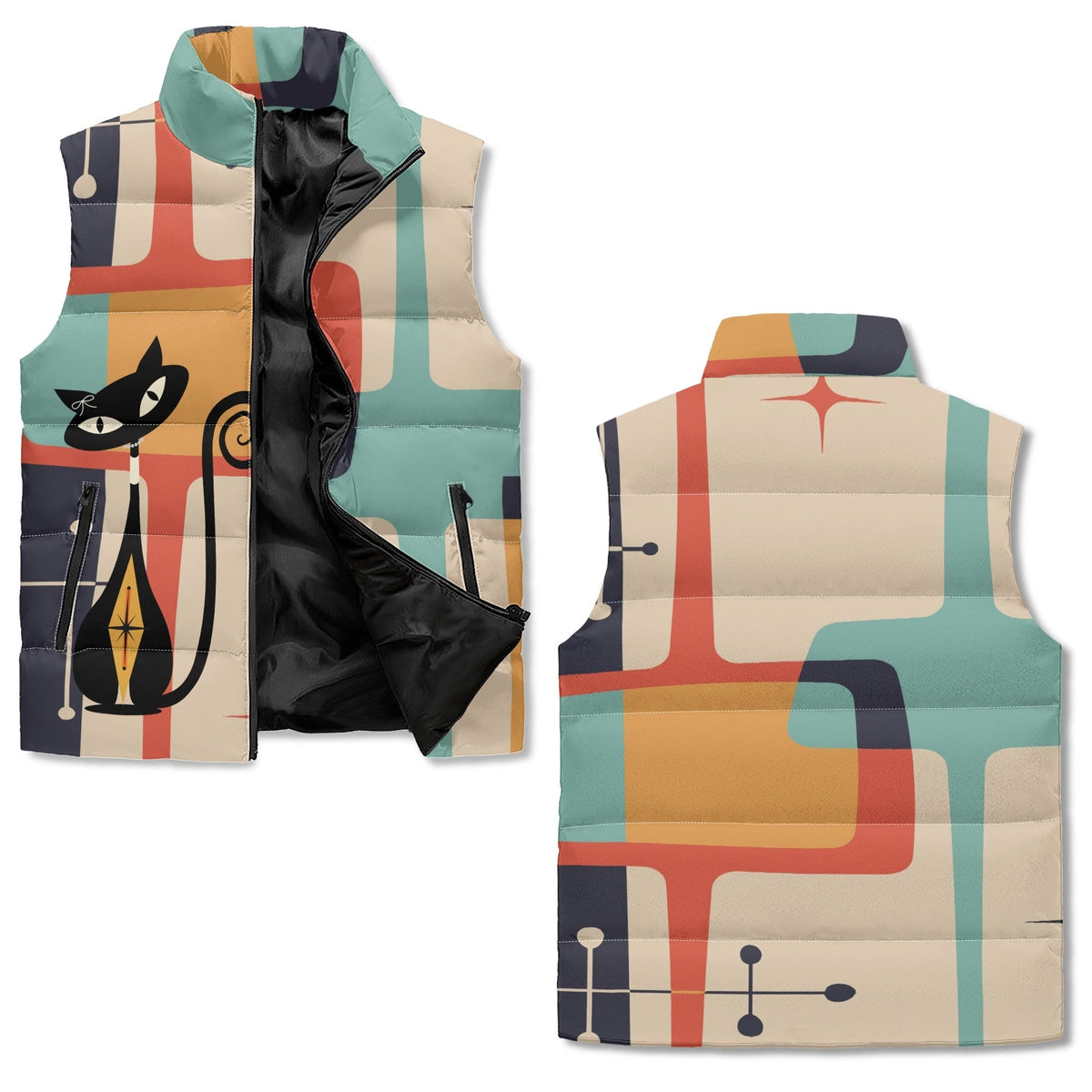 Kate McEnroe New York Atomic Cat Mid Century Modern Puffer Vest, Retro Starburst Geometric Lightweight JacketPuffer JacketsW395640W - 1