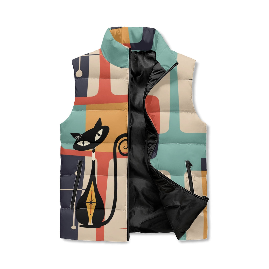 Kate McEnroe New York Atomic Cat Mid Century Modern Puffer Vest, Retro Starburst Geometric Lightweight JacketPuffer JacketsW395640W - 1