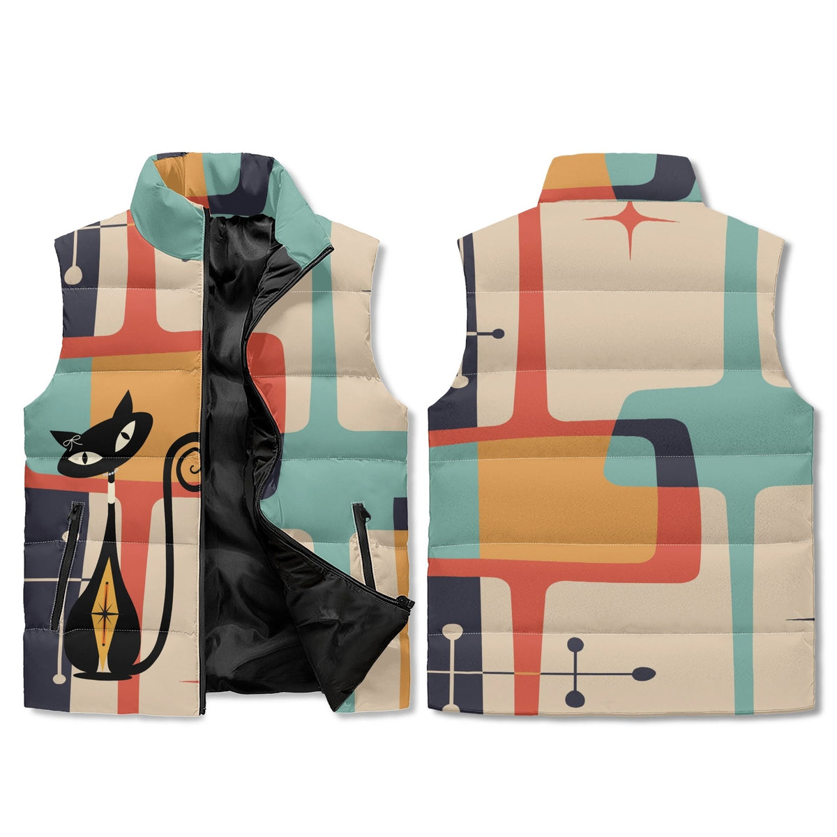 Kate McEnroe New York Atomic Cat Mid Century Modern Puffer Vest, Retro Starburst Geometric Lightweight JacketPuffer JacketsW395640W - 1