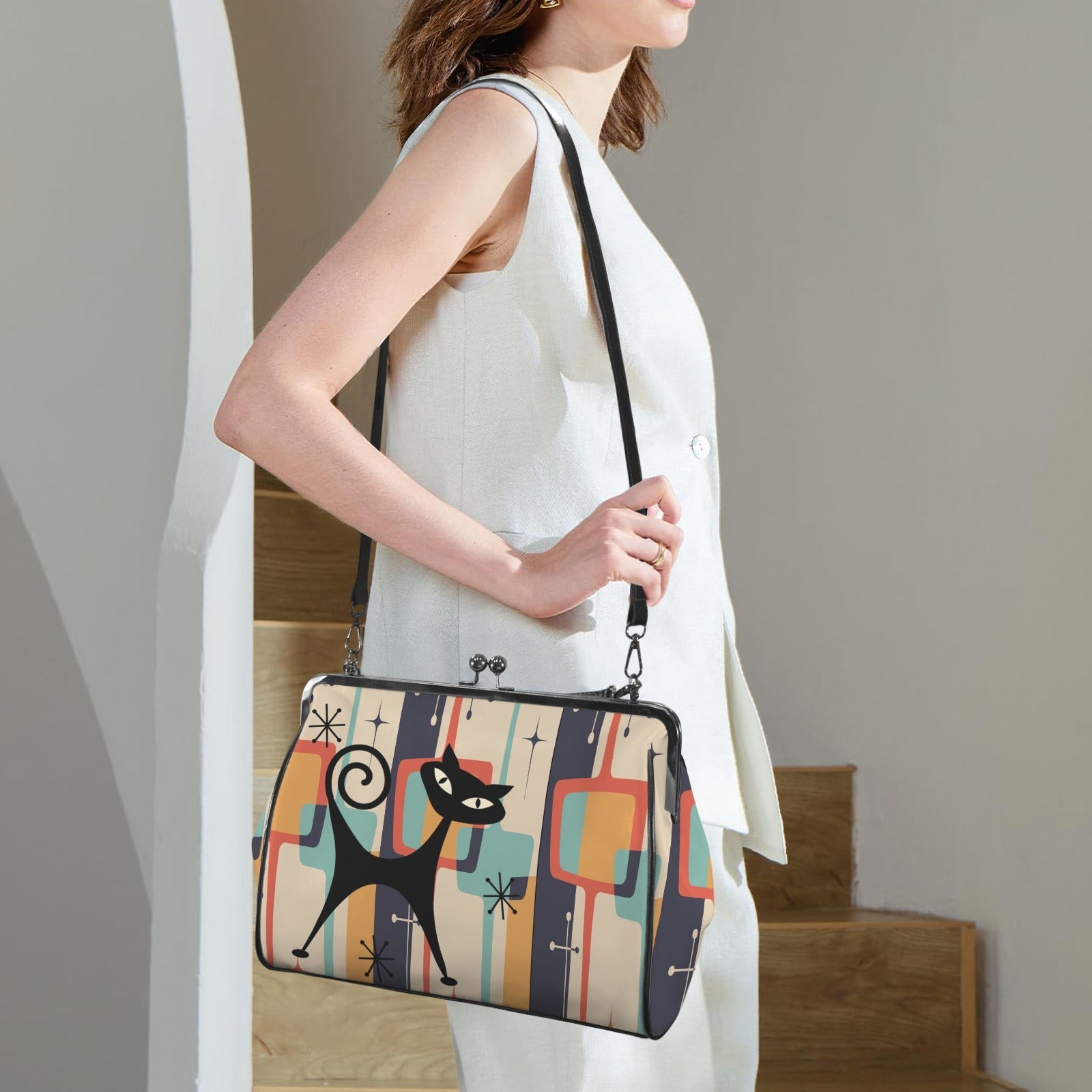 Kate McEnroe New York Atomic Cat Mid Century Modern Retro Geometric Kiss Lock HandbagCrossbody BagsD3233934