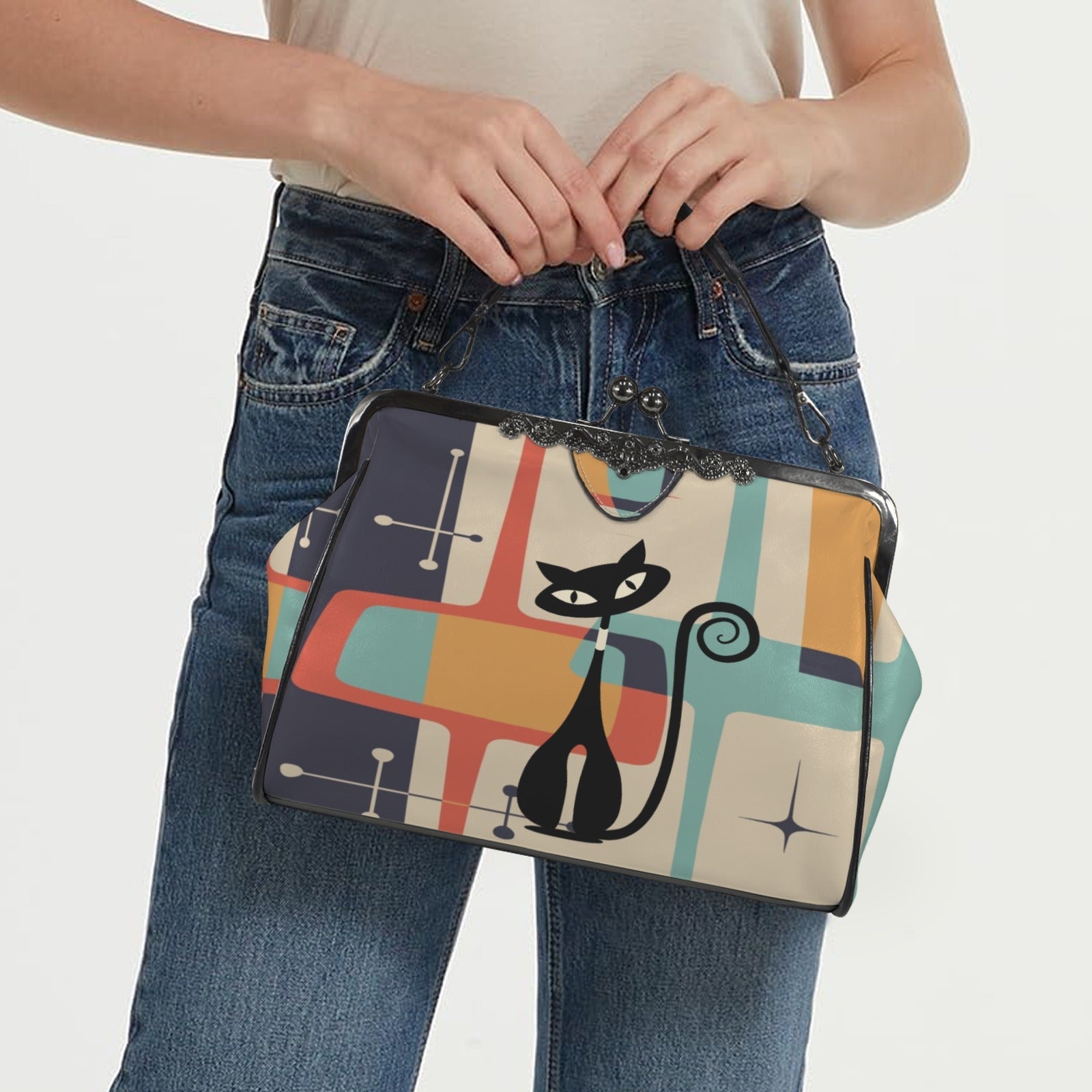 Kate McEnroe New York Atomic Cat Mid Century Modern Retro Kiss Lock Crossbody HandbagCrossbody BagsD3305122