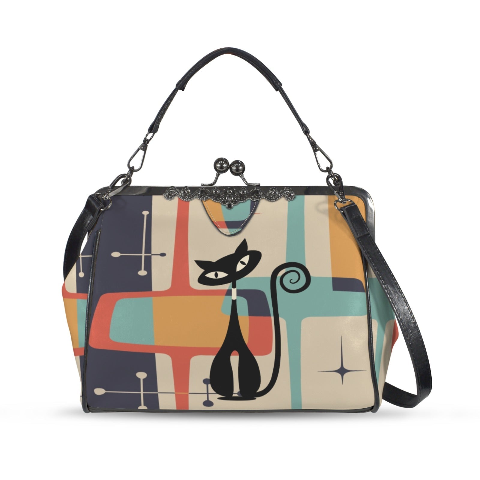 Kate McEnroe New York Atomic Cat Mid Century Modern Retro Kiss Lock Crossbody HandbagCrossbody BagsD3305122
