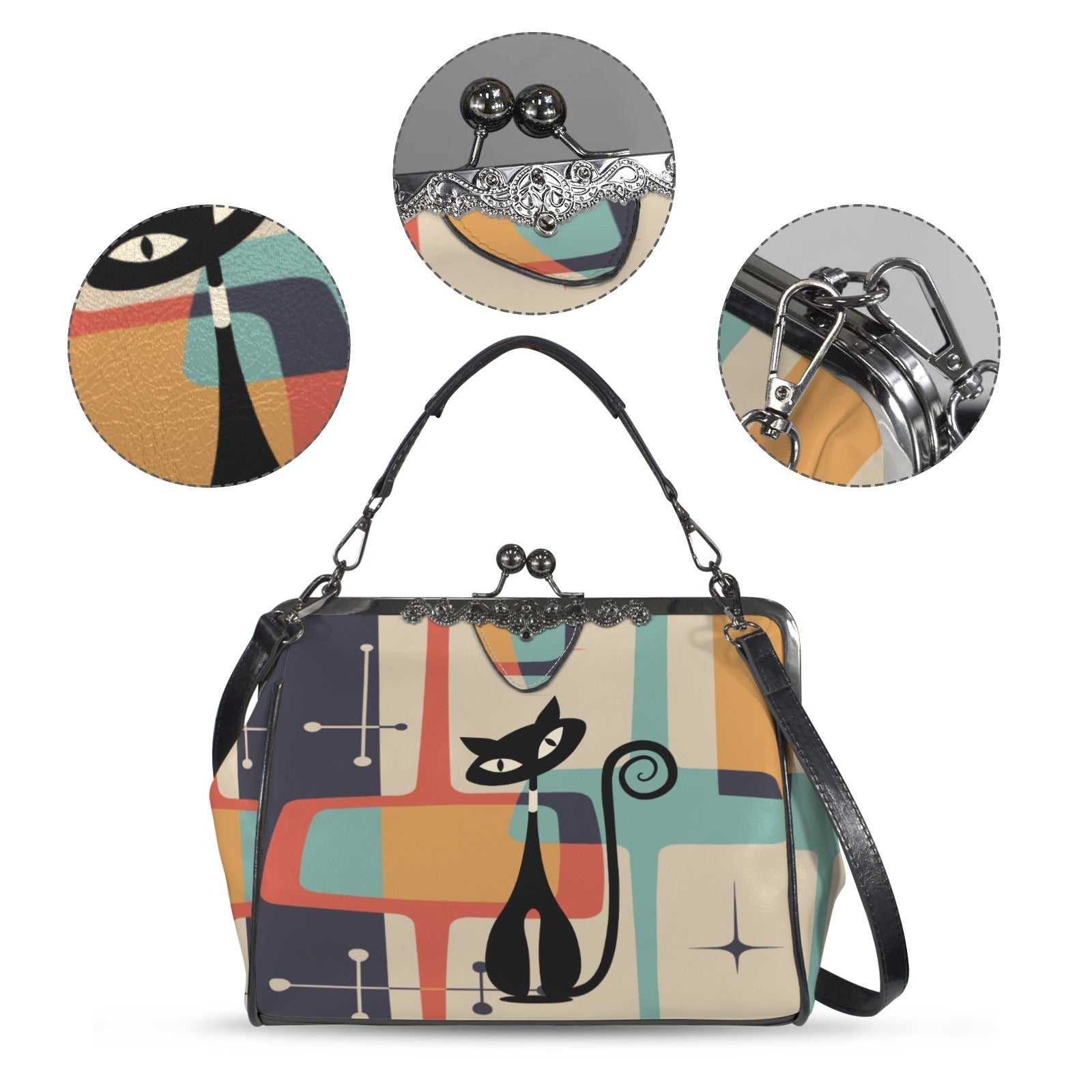 Kate McEnroe New York Atomic Cat Mid Century Modern Retro Kiss Lock Crossbody HandbagCrossbody BagsD3305122