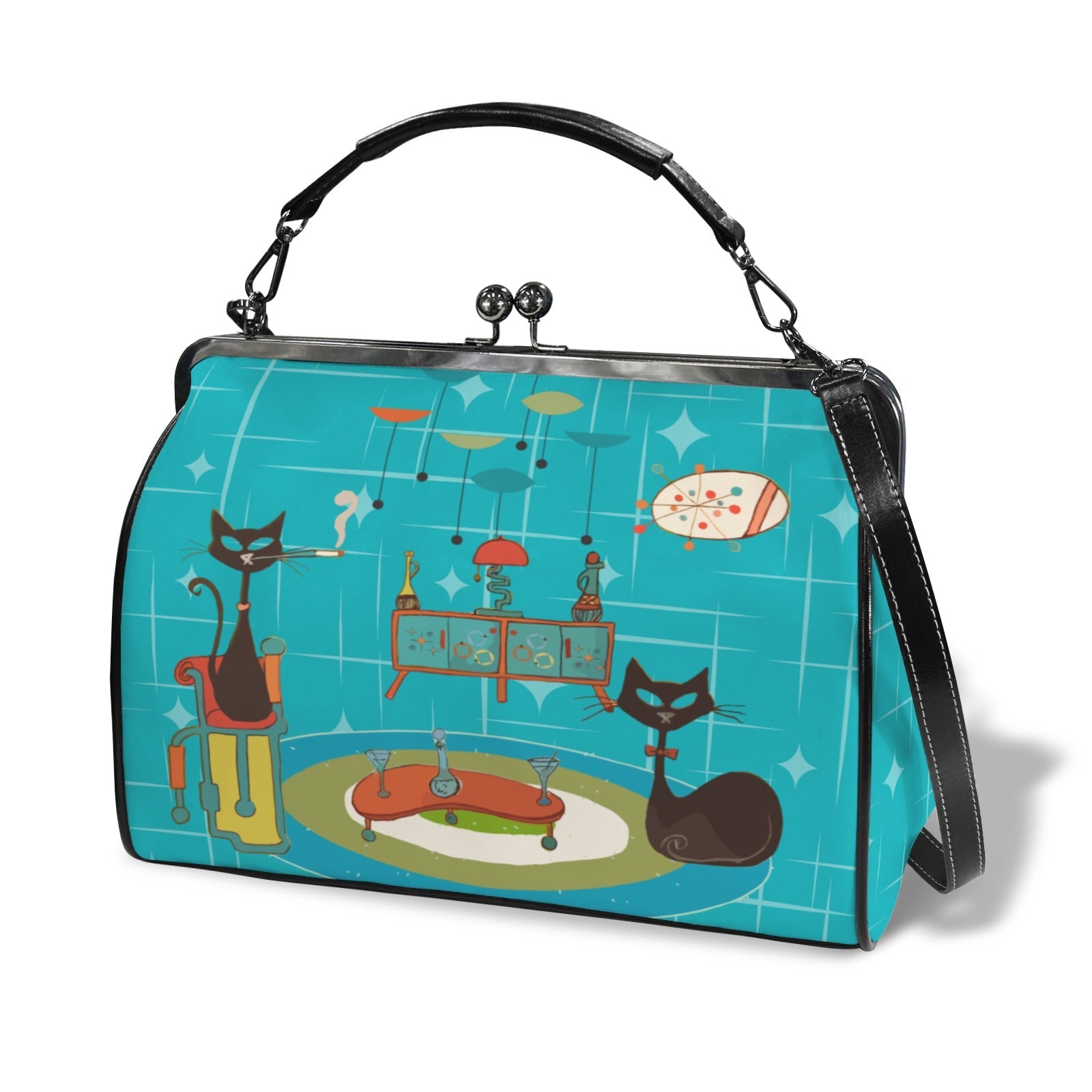 Kate McEnroe New York Atomic Cat Mid Century Modern Retro Lounge Kiss Lock HandbagCrossbody BagsD3233931