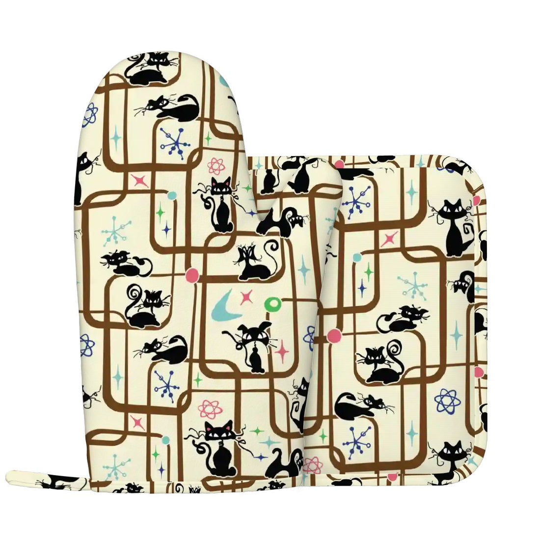 Kate McEnroe New York Atomic Cat Mid Century Modern Retro Oven Mitt Pot Holder Set (Left)Oven Mitts &amp; Pot Holder SetZmRxOyScnM