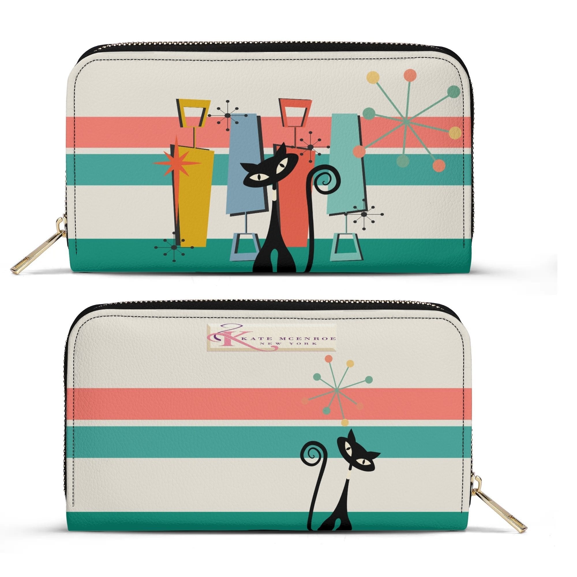 Kate McEnroe New York Atomic Cat Mid Century Modern Retro Wallet, Colorful Atomic Starburst Stripe Zip - Around WalletWalletsW1M82G9Y - 1