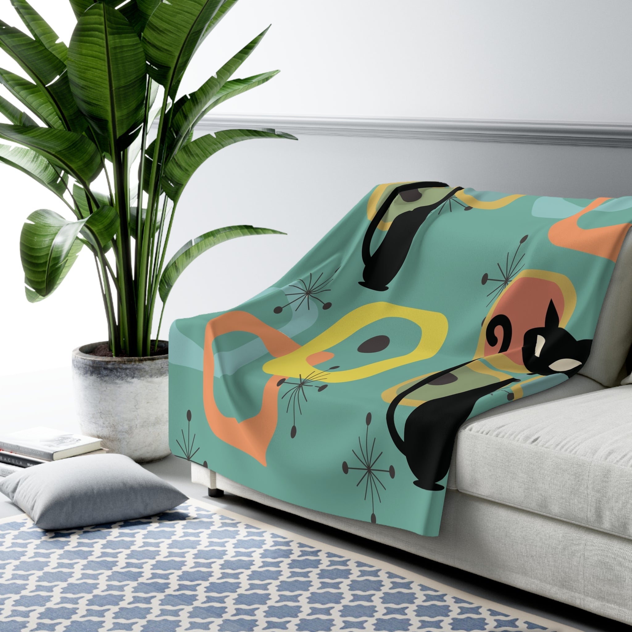 Kate McEnroe New York Atomic Cat Mid Century Modern Sherpa Blanket, Retro Geometric Starburst Fleece Throw, MCM Cozy DecorBlankets17293303950735428232