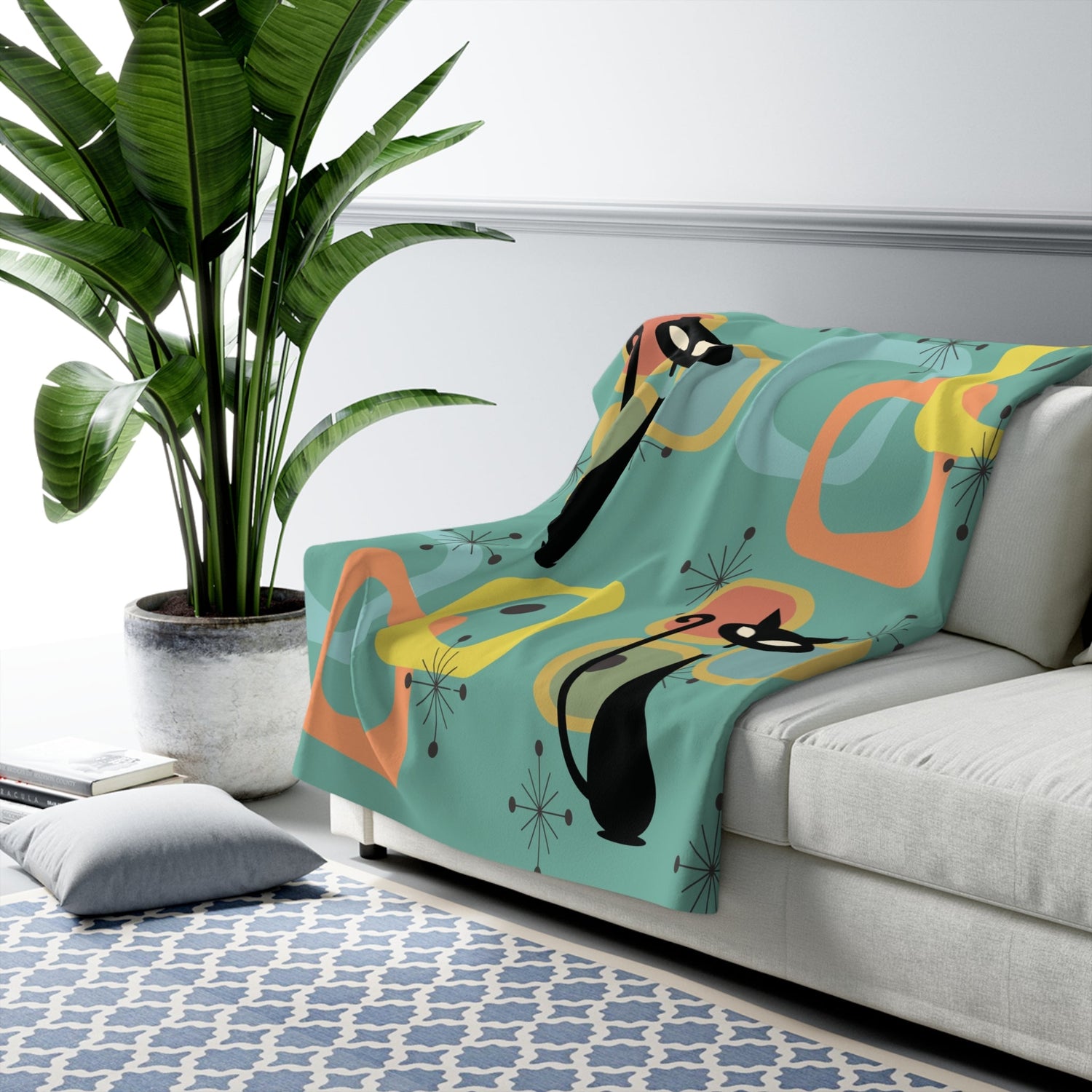 Kate McEnroe New York Atomic Cat Mid Century Modern Sherpa Blanket, Retro Geometric Starburst Fleece Throw, MCM Cozy DecorBlankets17293303950735428232