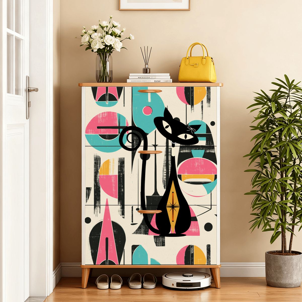 Kate McEnroe New York Atomic Cat Mid Century Modern Shoe Cabinet, 50s Geometric Storage Organizer, Retro Entryway FurnitureShoe StorageCHbticsxDb