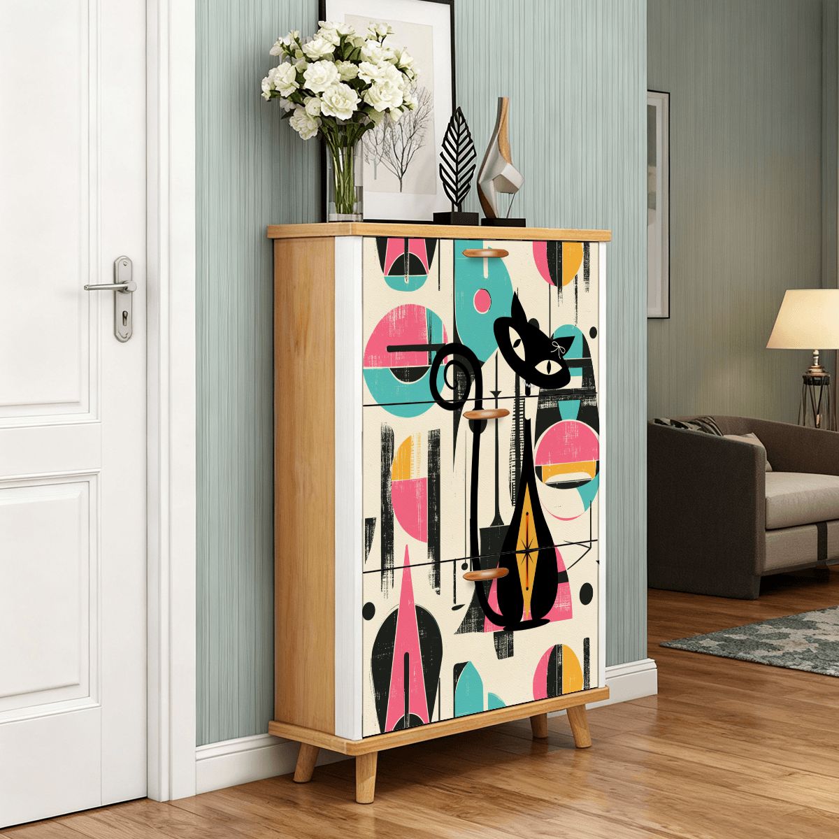 Kate McEnroe New York Atomic Cat Mid Century Modern Shoe Cabinet, 50s Geometric Storage Organizer, Retro Entryway FurnitureShoe StorageCHbticsxDb