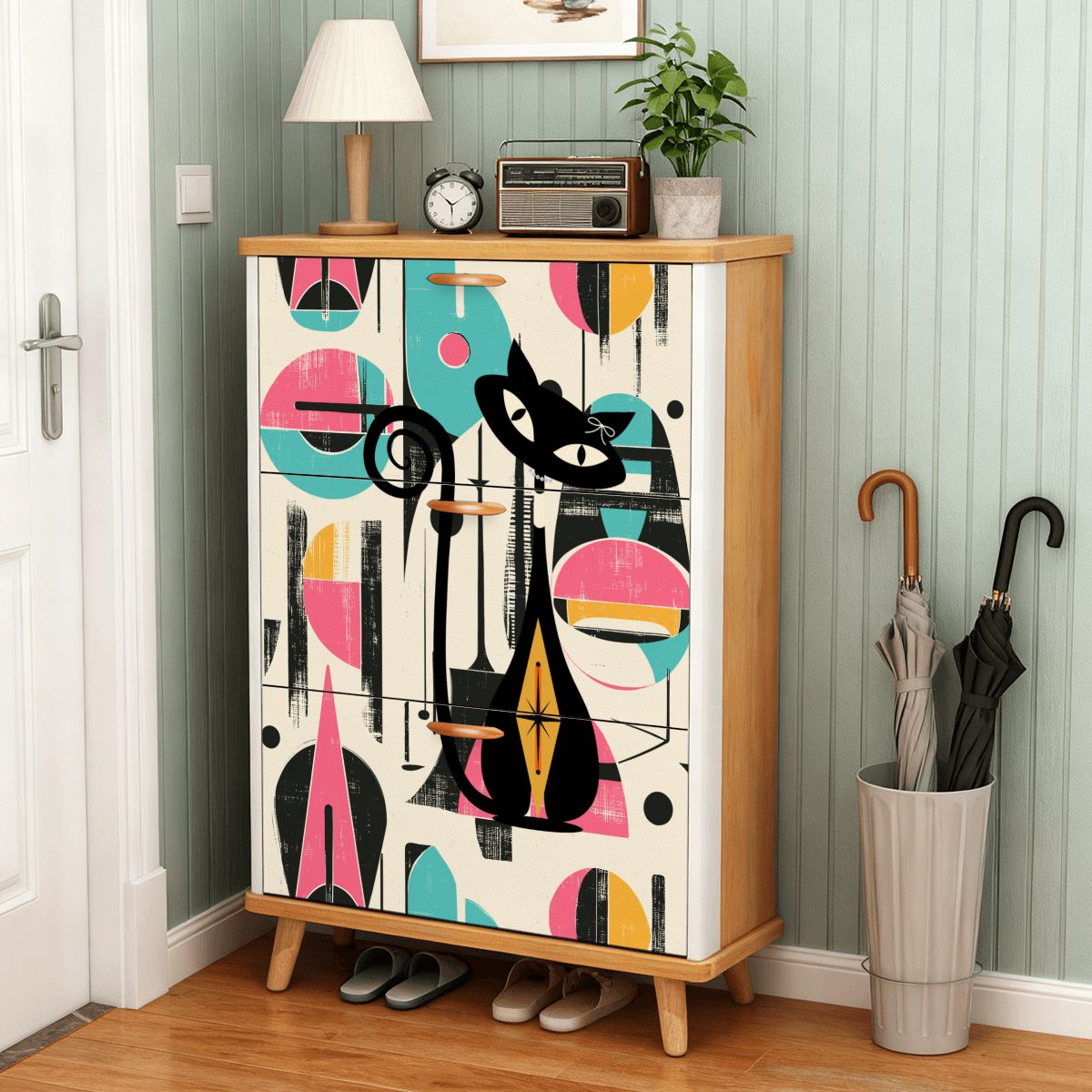 Kate McEnroe New York Atomic Cat Mid Century Modern Shoe Cabinet, 50s Geometric Storage Organizer, Retro Entryway FurnitureShoe StorageCHbticsxDb