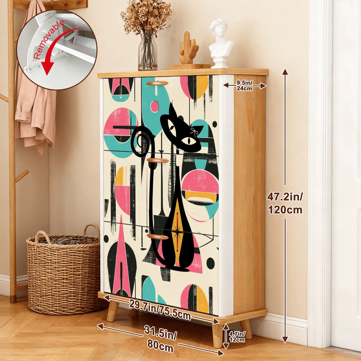 Kate McEnroe New York Atomic Cat Mid Century Modern Shoe Cabinet, 50s Geometric Storage Organizer, Retro Entryway FurnitureShoe StorageCHbticsxDb