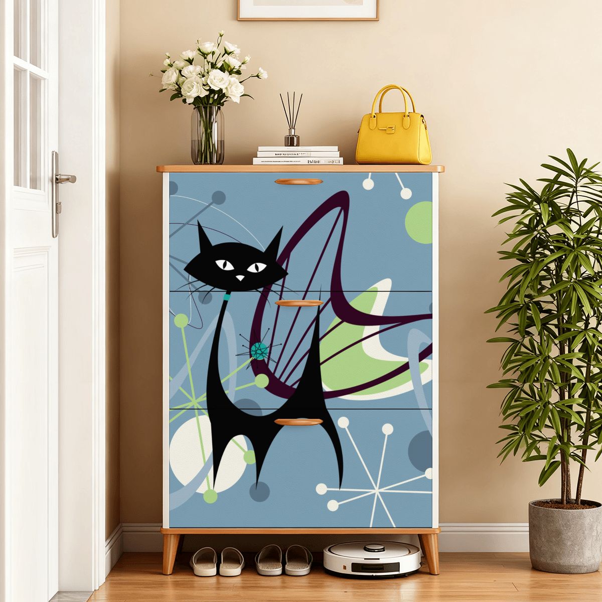 Kate McEnroe New York Atomic Cat Mid Century Modern Shoe Cabinet, Retro Boomerang Starburst Storage Unit, 50s MCM Accent FurnitureShoe Storage3nwzFg4RfH
