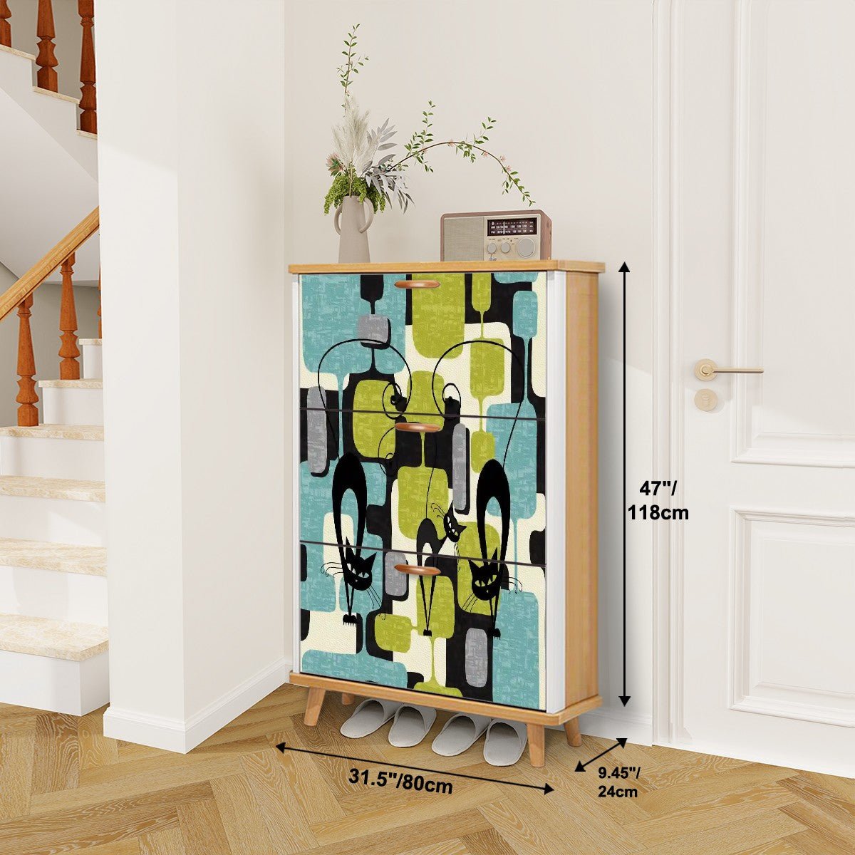 Kate McEnroe New York Atomic Cat Mid Century Modern Shoe Cabinet, Retro Geometric Storage Accent, 50s Abstract FurnitureShoe Storagef9i7p5dgrJ