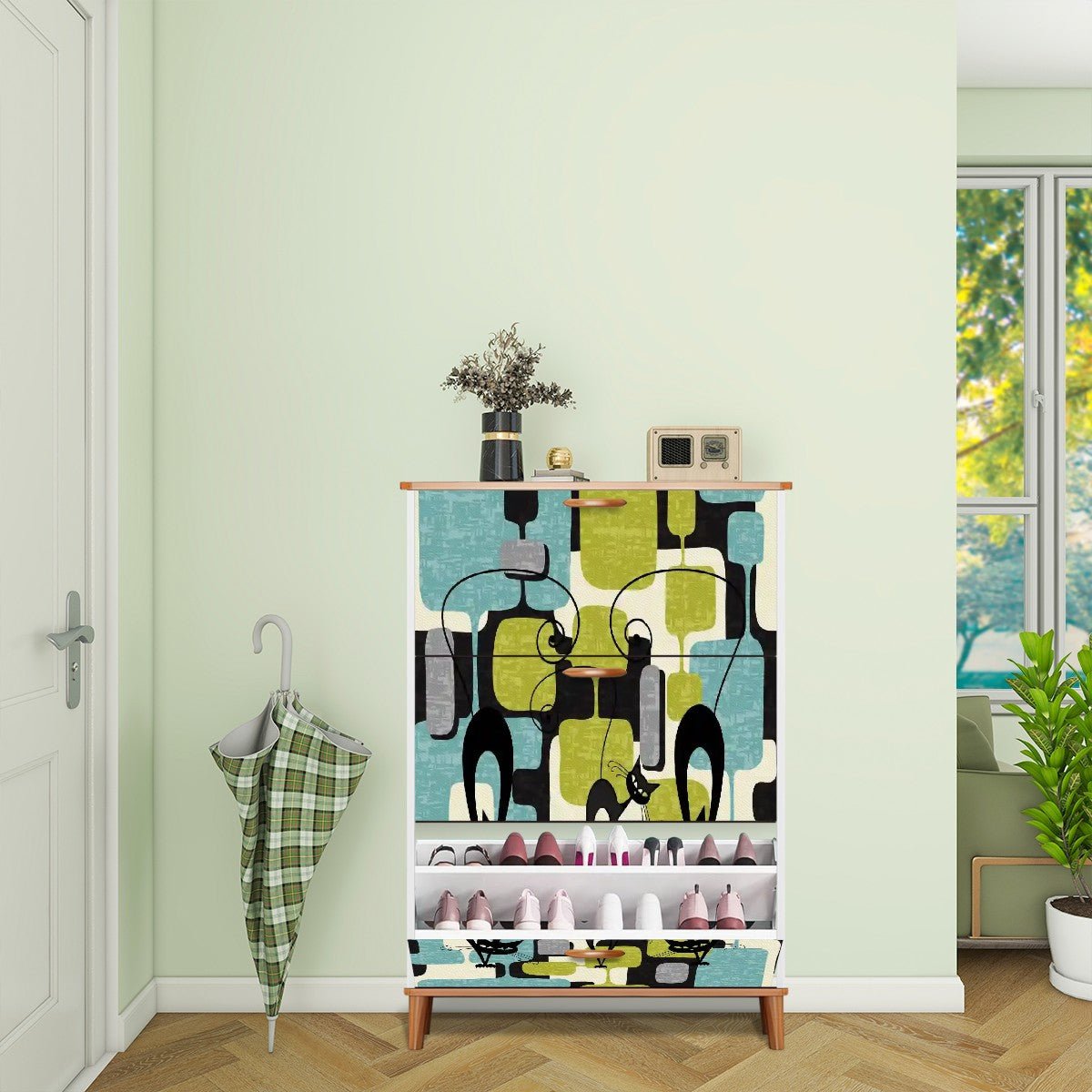 Kate McEnroe New York Atomic Cat Mid Century Modern Shoe Cabinet, Retro Geometric Storage Accent, 50s Abstract FurnitureShoe Storagef9i7p5dgrJ