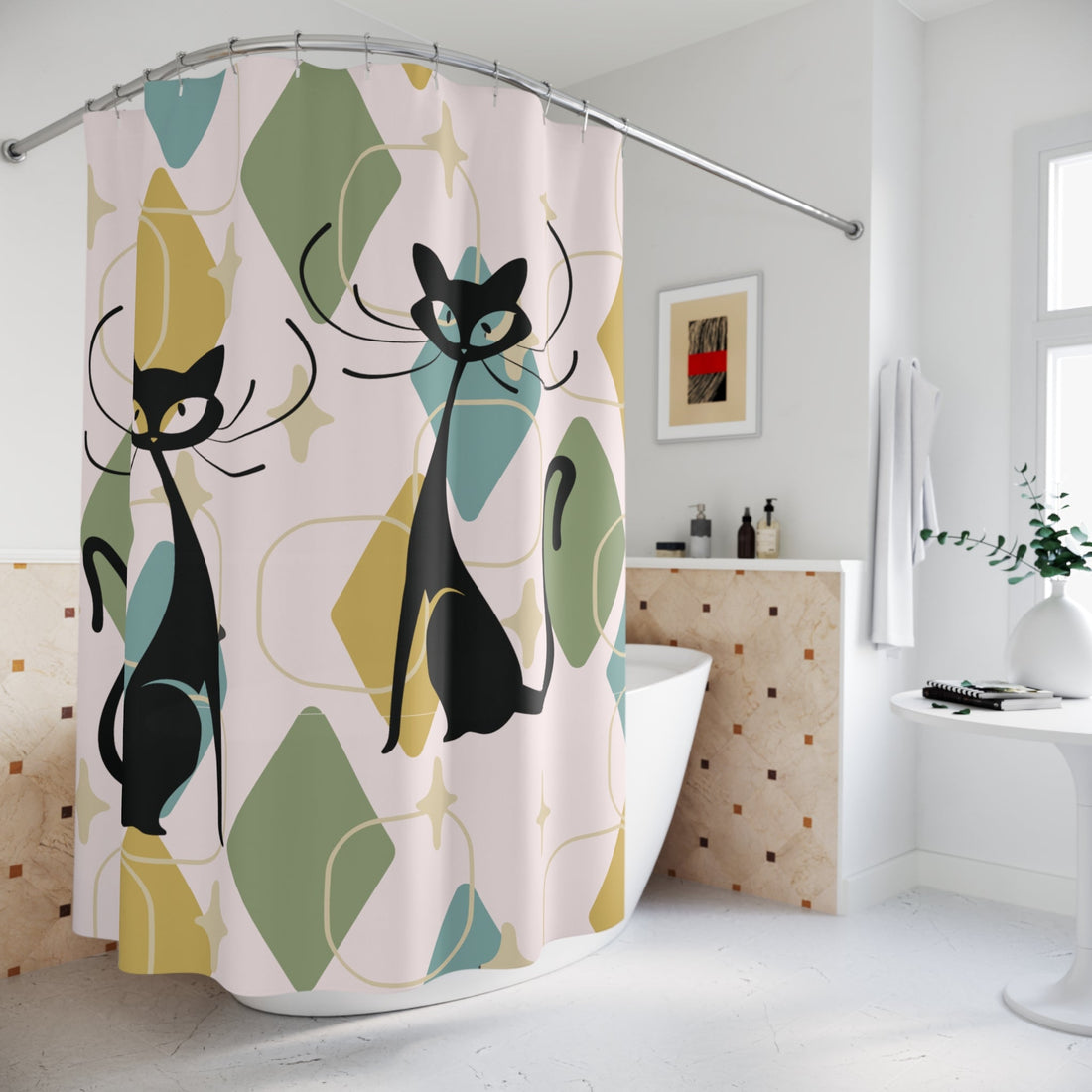 Kate McEnroe New York Atomic Cat Mid Century Modern Shower Curtain, Retro 50s Kitsch Bathroom Decor, Geometric Starburst BathShower Curtains29550789284491380856