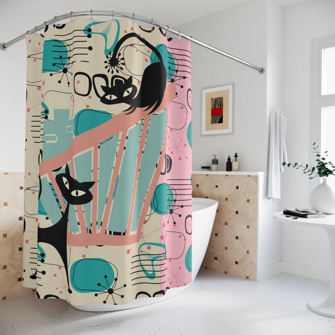 Kate McEnroe New York Atomic Cat Mid Century Modern Shower Curtain, Retro 50s Kitsch Geometric Bathroom DecorShower Curtains15104611232991226683
