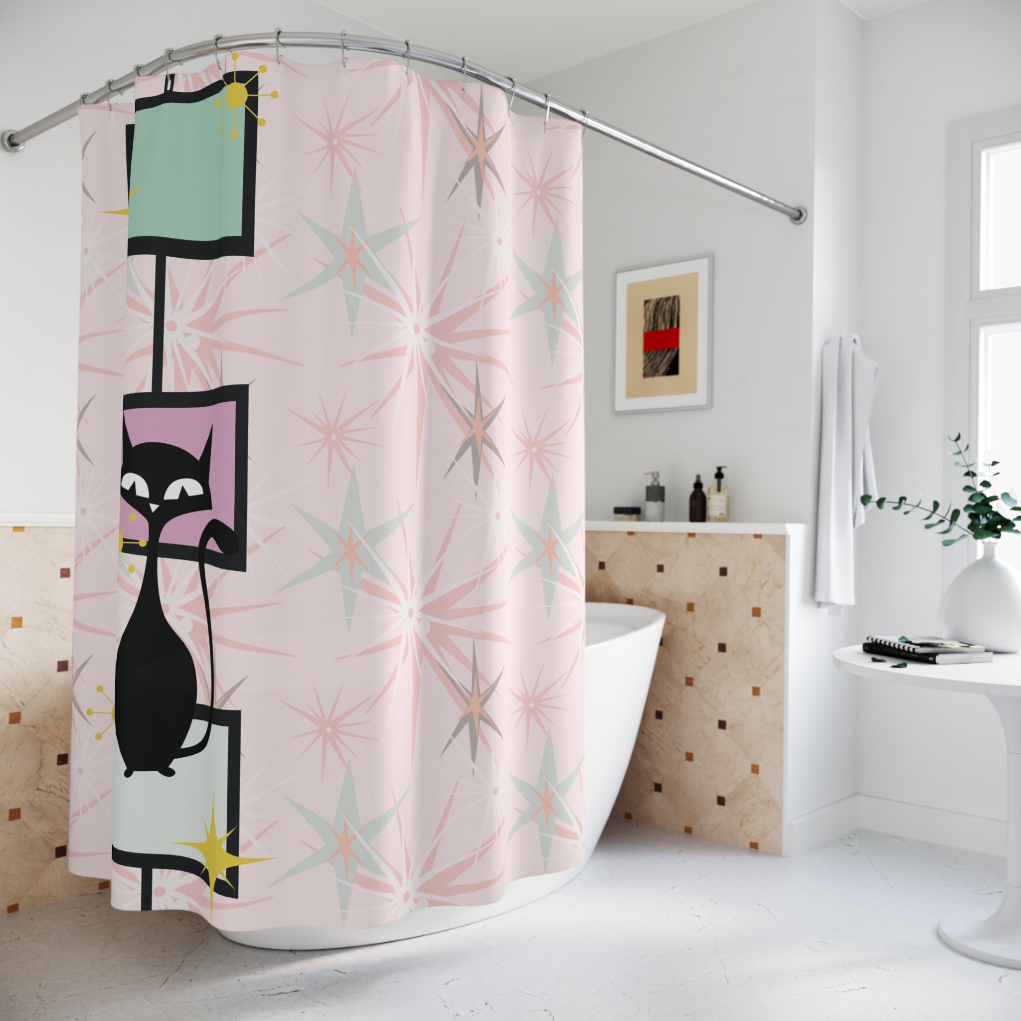 Kate McEnroe New York Atomic Cat Mid Century Modern Shower Curtain, Retro Starburst Bathroom Decor, MCM Atomic Age BathShower Curtains91651894466290105496