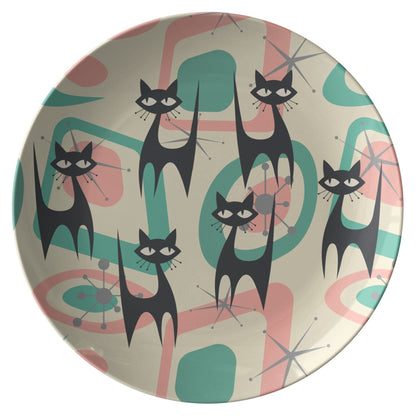Kate McEnroe New York Atomic Cat Mid Century Modern Starburst Dinner Plate, 60s Retro Geometric Pink, Mint, Gray MCM Dishes Plates
