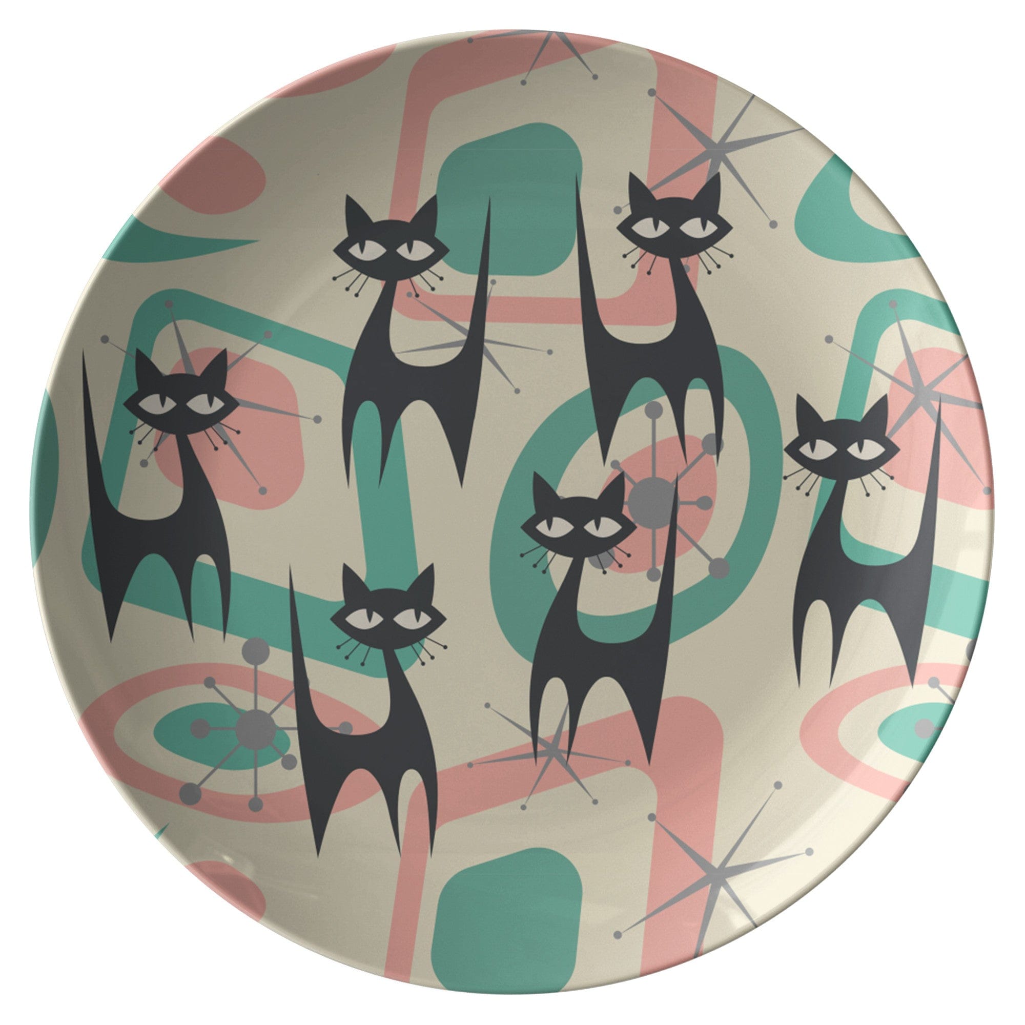 Kate McEnroe New York Atomic Cat Mid Century Modern Starburst Dinner Plate, 60s Retro Geometric Pink, Mint, Gray MCM DishesPlates9820SINGLE