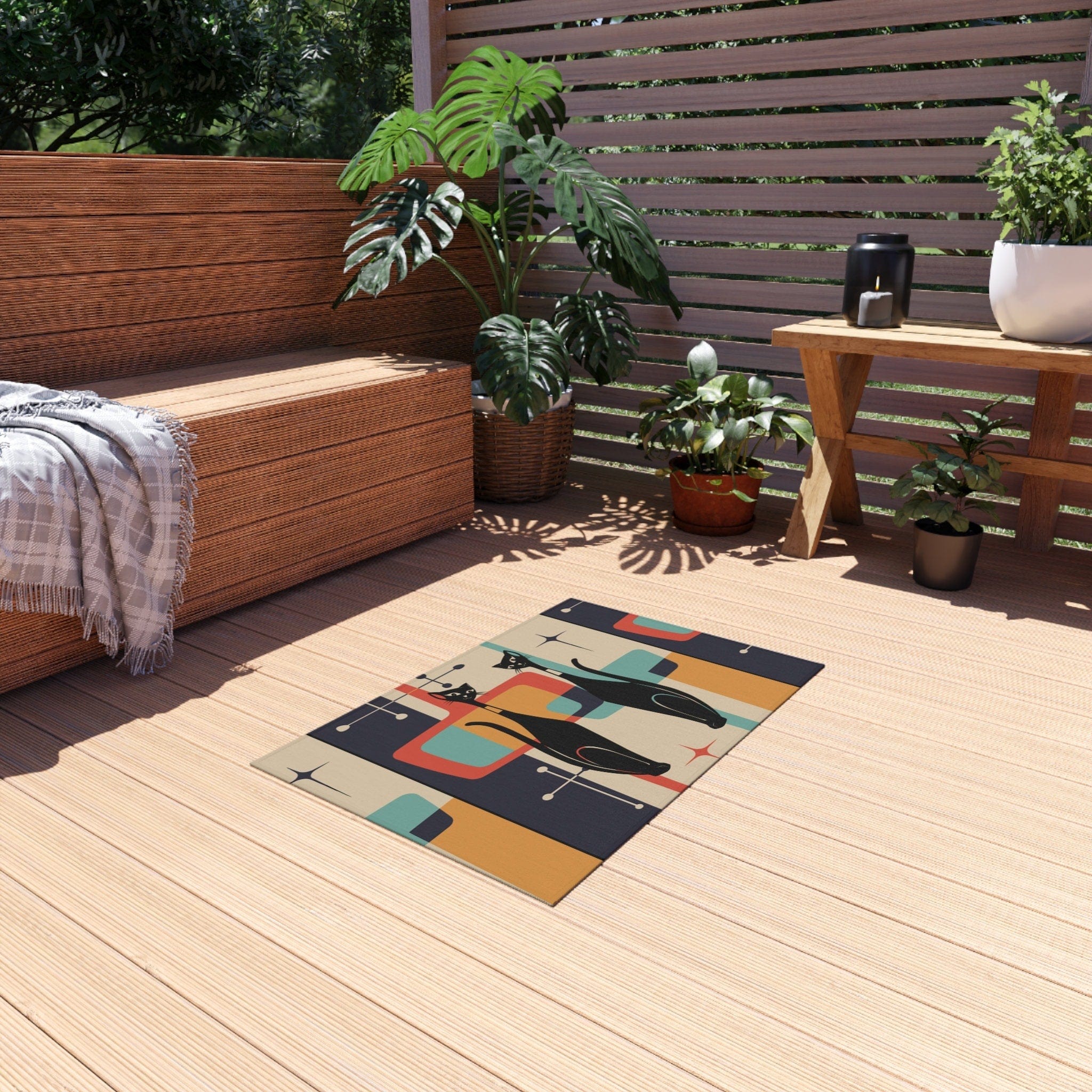 Kate McEnroe New York Atomic Cat Mid Century Modern Starburst Indoor - Outdoor Rug, Beige, Teal, Geometric Abstract Porch Rug, Retro Patio Rug, MCM Home DecorRugs22297939297762758872