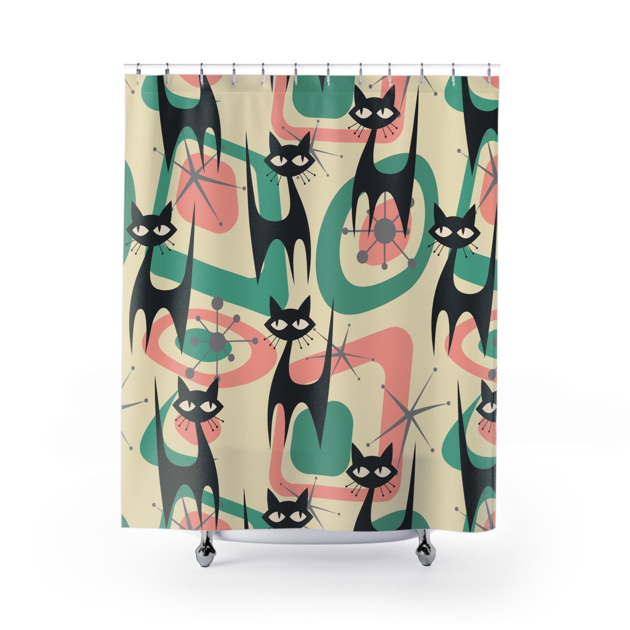 Kate McEnroe New York Atomic Cat Mid Century Modern Starburst Shower Curtain, 60s Retro Geometric Pink, Mint, Gray MCM Bath DecorShower Curtains10106858637301762255